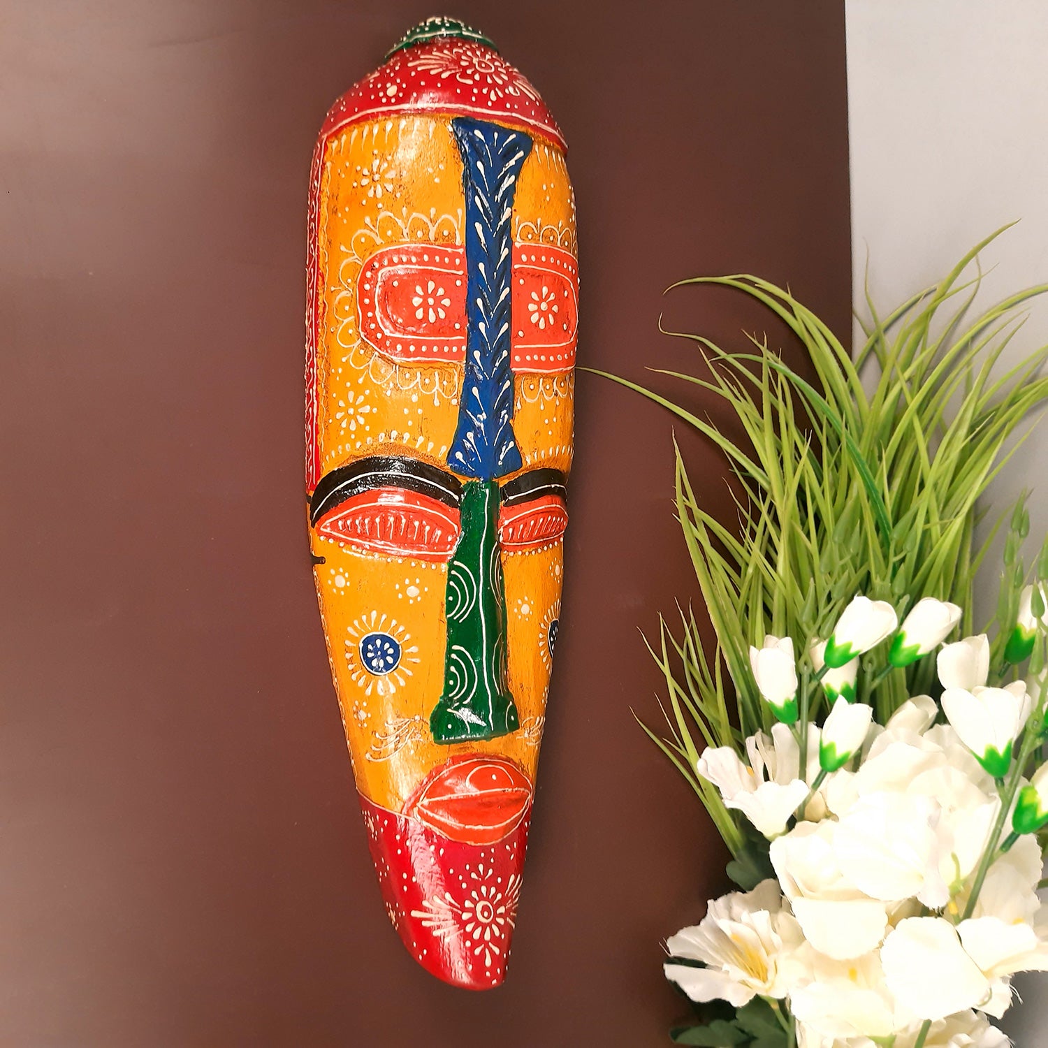 Wall Mask Wooden Hangings | Nazar Battu For Home Entrance | African Egyptian Masks Face Hanging Tall - For Living Room, House, Door, Hall-Way, Balcony Decoration - 18 Inch - Apkamart #style_Pack of 1