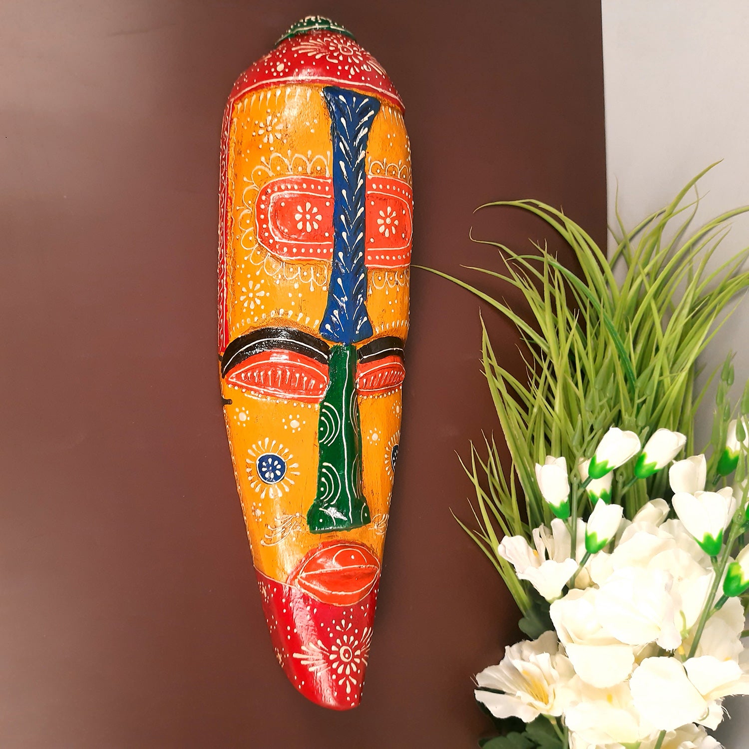 Wall Mask Wooden Hangings | Nazar Battu For Home Entrance | African Egyptian Masks Face Hanging Tall - For Living Room, House, Door, Hall-Way, Balcony Decoration - 18 Inch - Apkamart #style_Pack of 1