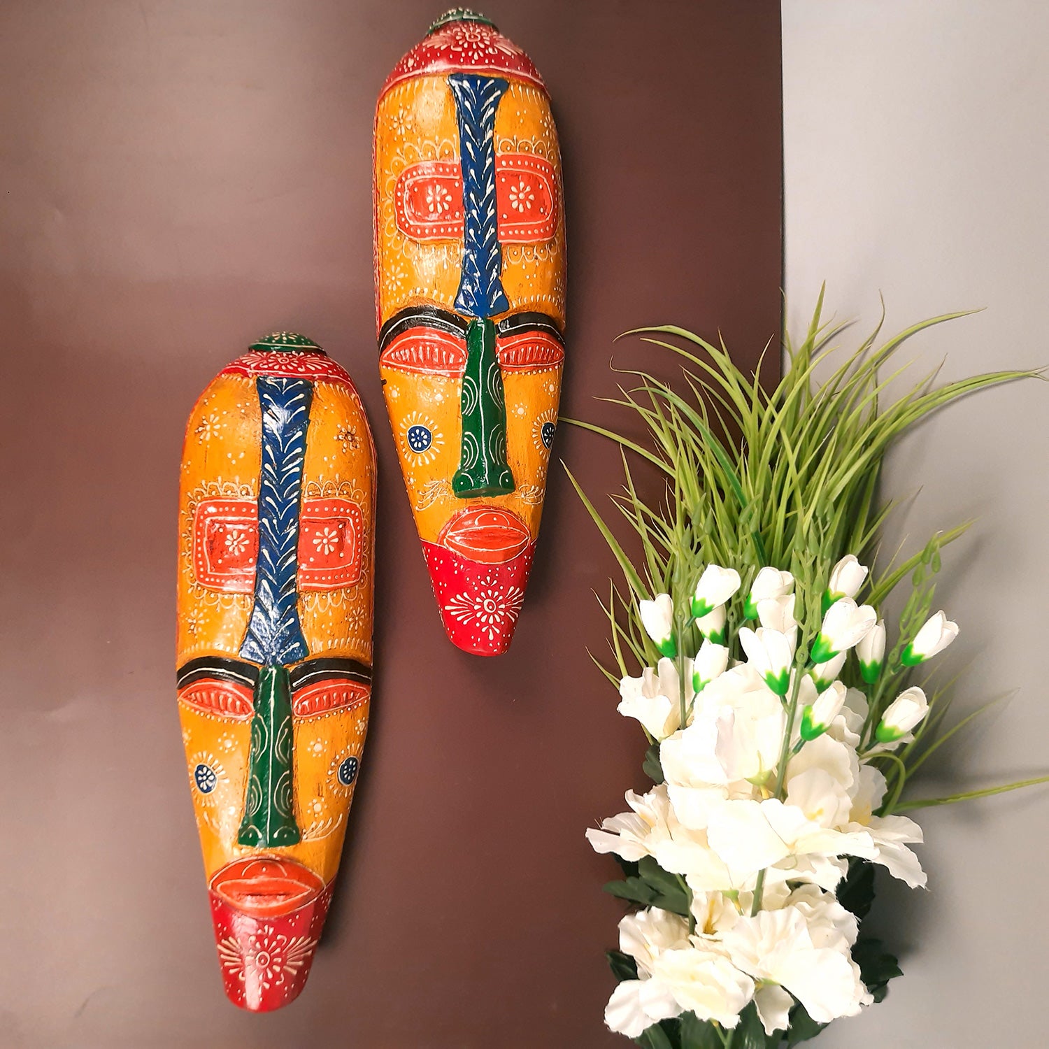 Wall Mask Wooden Hangings | Nazar Battu For Home Entrance | African Egyptian Masks Face Hanging Tall - For Living Room, House, Door, Hall-Way, Balcony Decoration - 18 Inch - Apkamart #style_Pack of 2