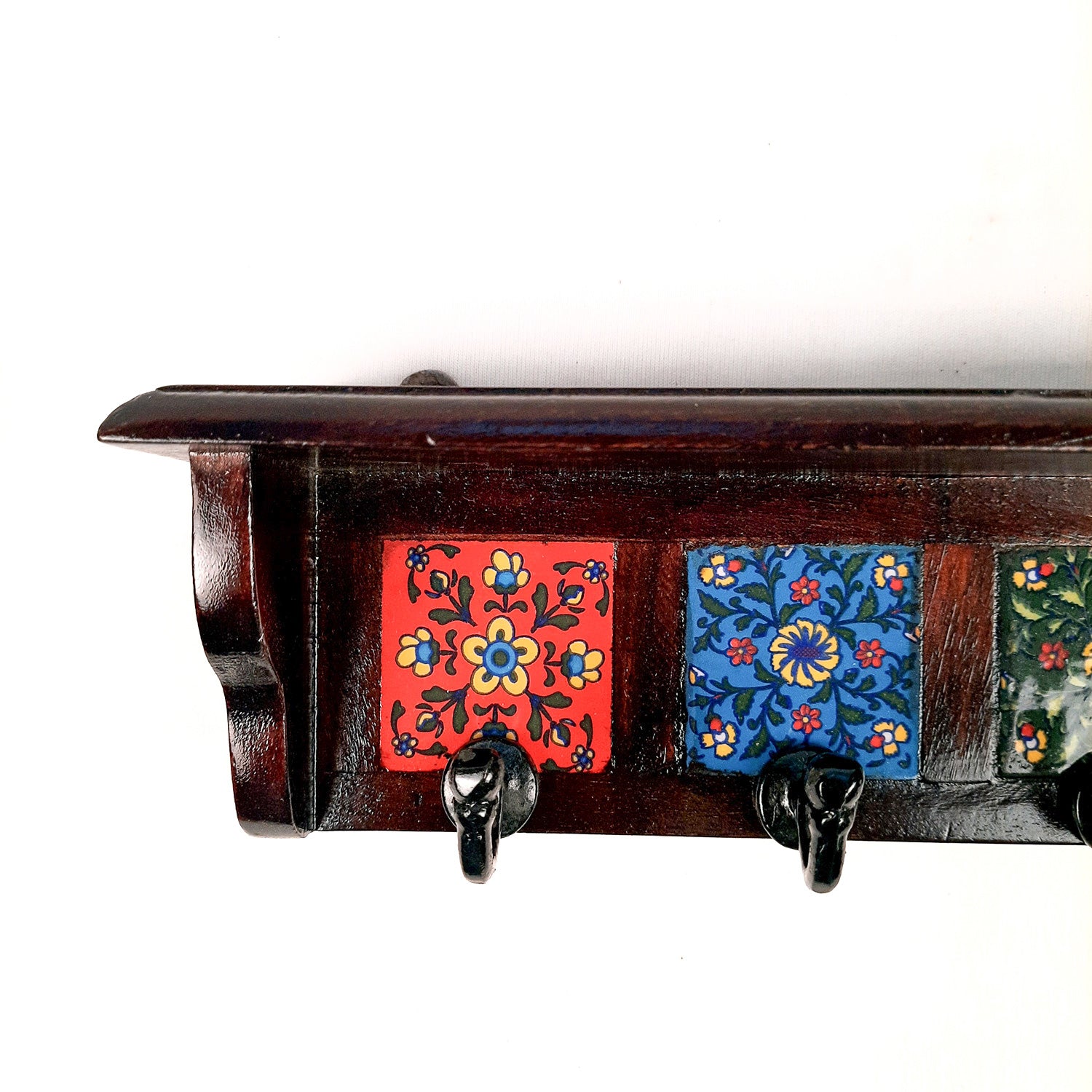 Wooden Shelf With Wall Key Hooks - Wall Mount | Floating Shelves For Decorating Showpieces, Vases, Candle Holders & Books | Key Holder Organiser - Home, Entrance, Office Decor & Gifts - Set of 2 - Apkamart #color_dark brown