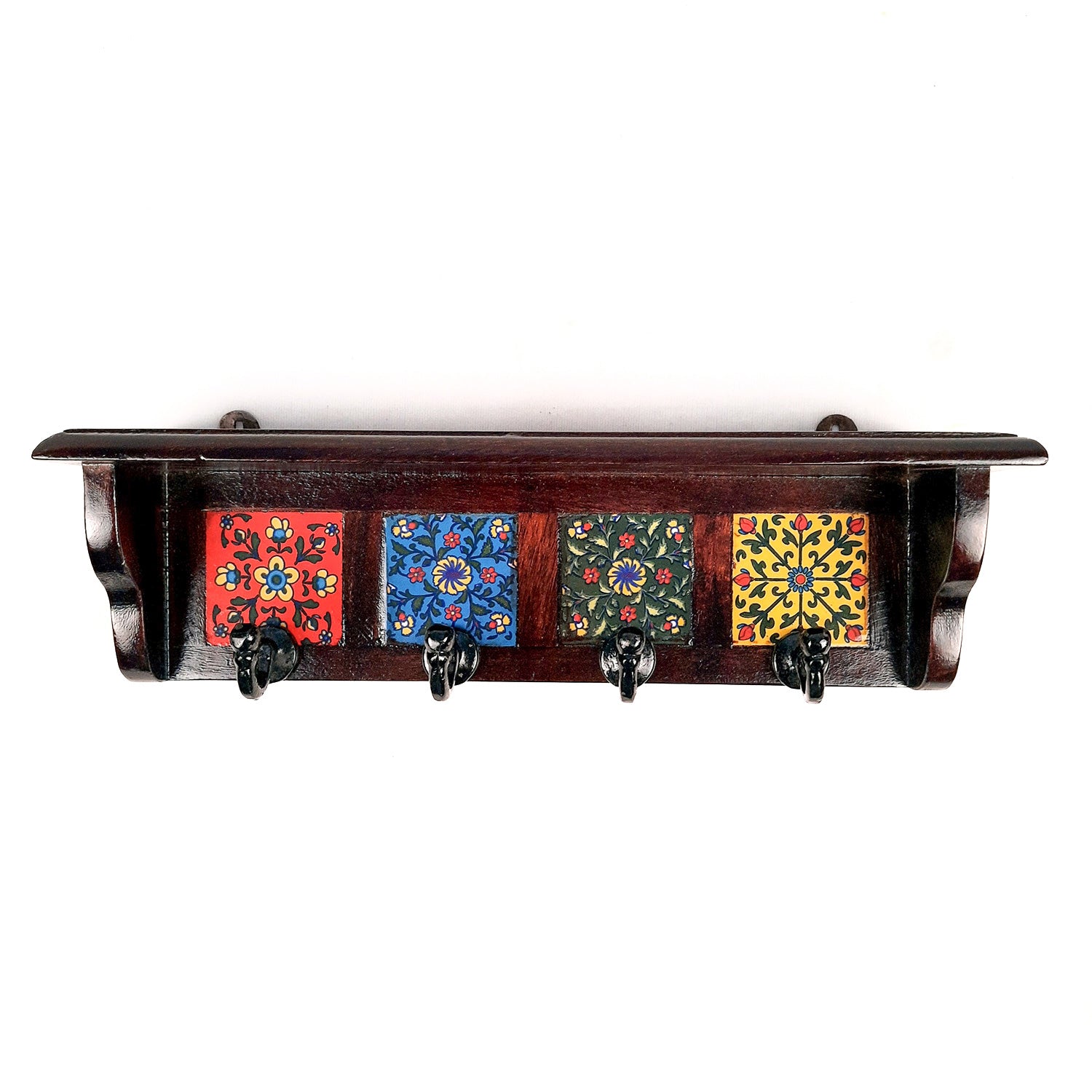 Key Hooks With Wall Shelf | Key Holder Stand With Ceramic Tile Design | Floating Shelves Cum Key Hanger Organiser - For Home, Entrance, Office Decor & Gifts - 12 Inch (4 Hooks) - Apkamart #color_dark brown