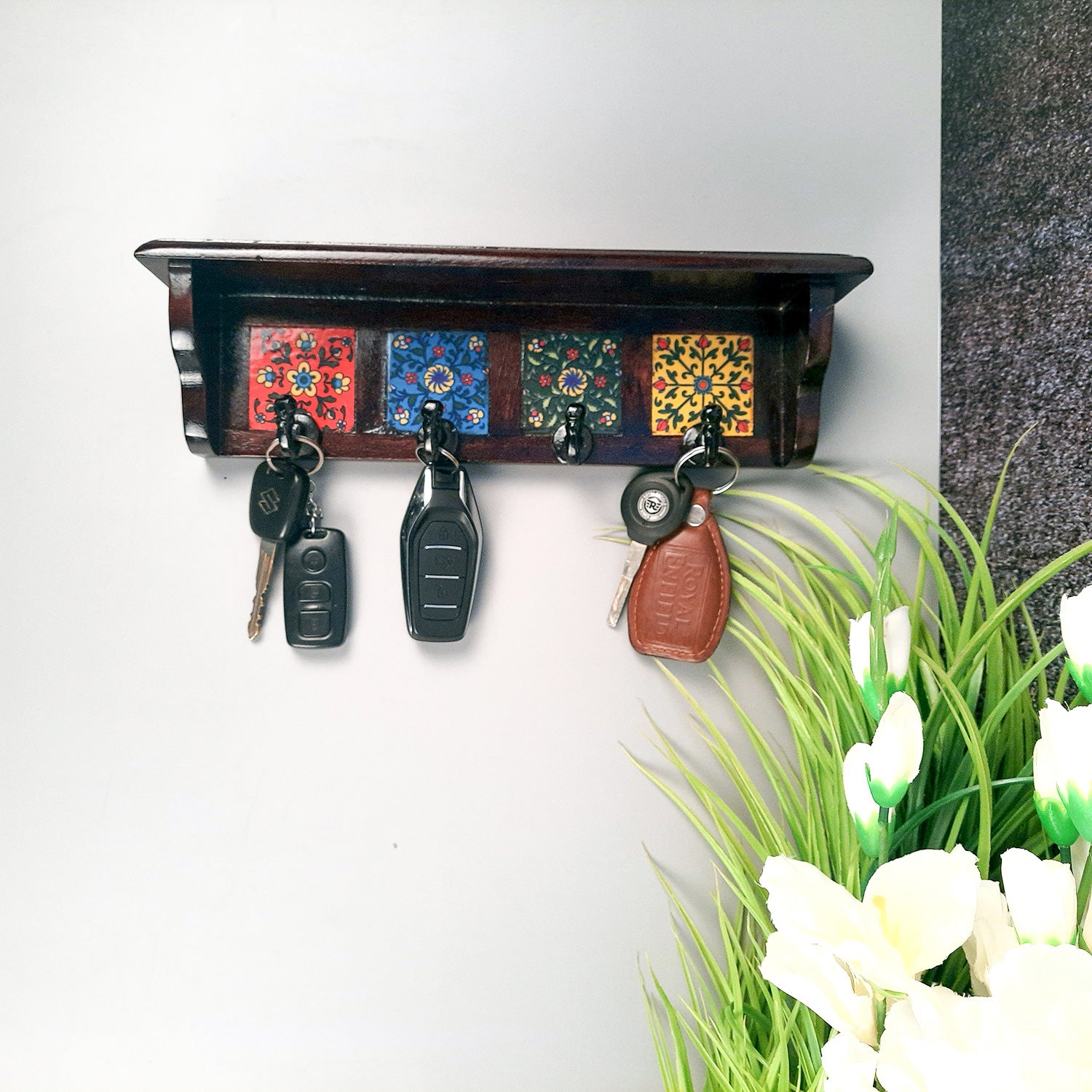 Wooden Shelf With Wall Key Hooks - Wall Mount | Floating Shelves For Decorating Showpieces, Vases, Candle Holders & Books | Key Holder Organiser - Home, Entrance, Office Decor & Gifts - Set of 2 - Apkamart #color_dark brown