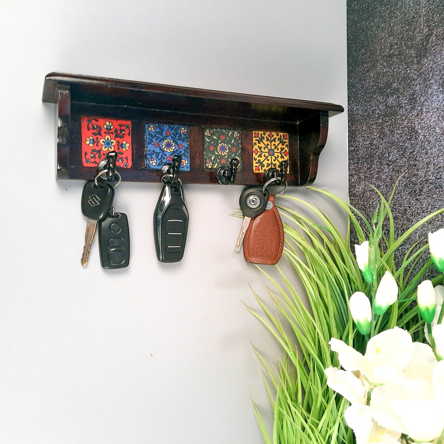 Key Hooks With Wall Shelf | Key Holder Stand With Ceramic Tile Design | Floating Shelves Cum Key Hanger Organiser - For Home, Entrance, Office Decor & Gifts - 12 Inch (4 Hooks) - Apkamart #color_dark brown