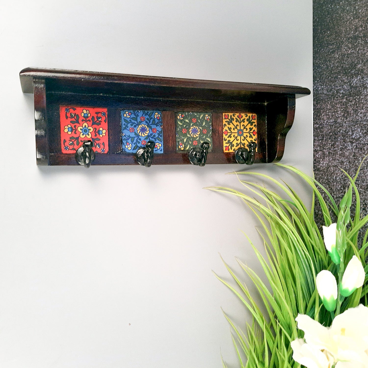 Wooden Shelf With Wall Key Hooks - Wall Mount | Floating Shelves For Decorating Showpieces, Vases, Candle Holders & Books | Key Holder Organiser - Home, Entrance, Office Decor & Gifts - Set of 2 - Apkamart #color_dark brown