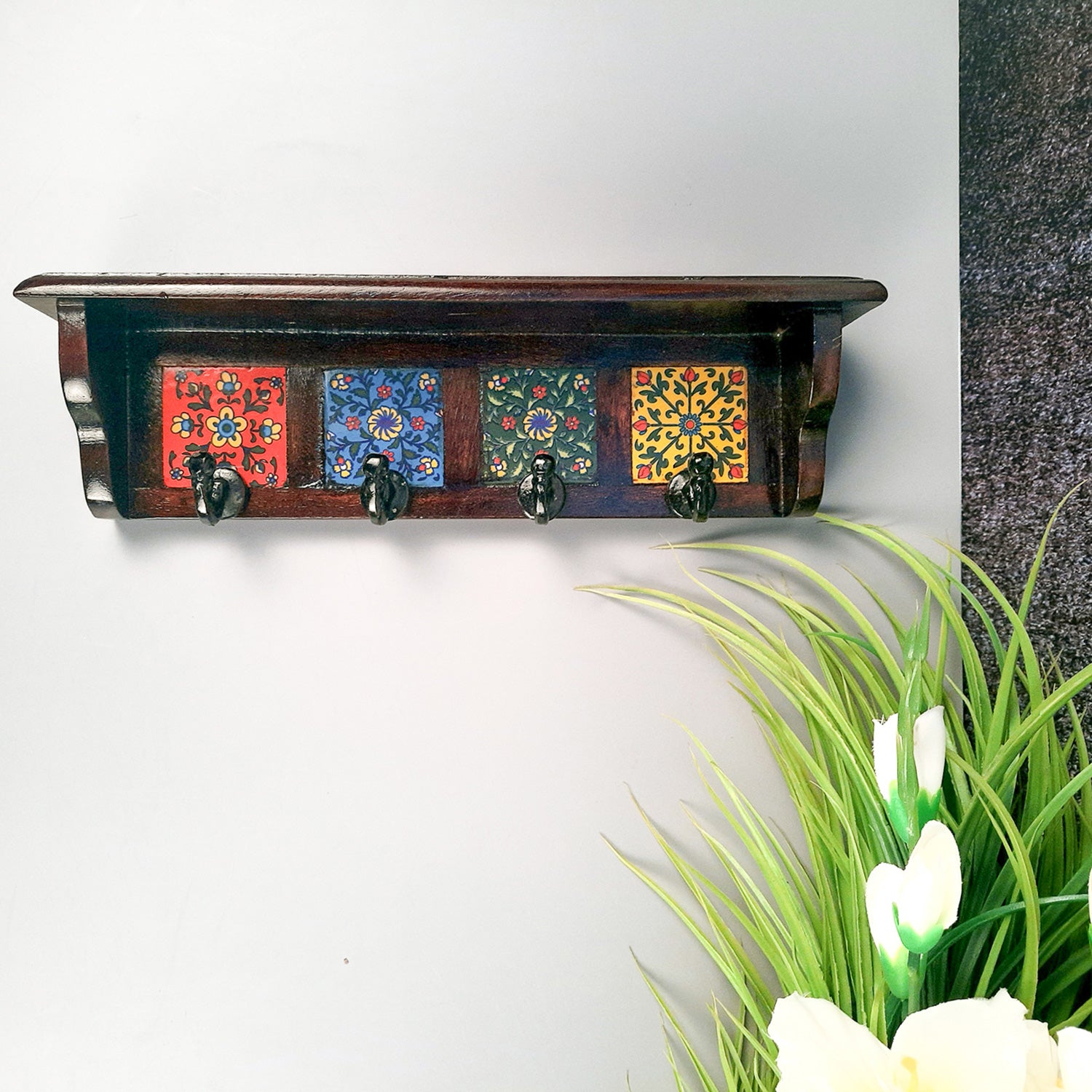 Key Hooks With Wall Shelf | Key Holder Stand With Ceramic Tile Design | Floating Shelves Cum Key Hanger Organiser - For Home, Entrance, Office Decor & Gifts - 12 Inch (4 Hooks) - Apkamart #color_dark brown