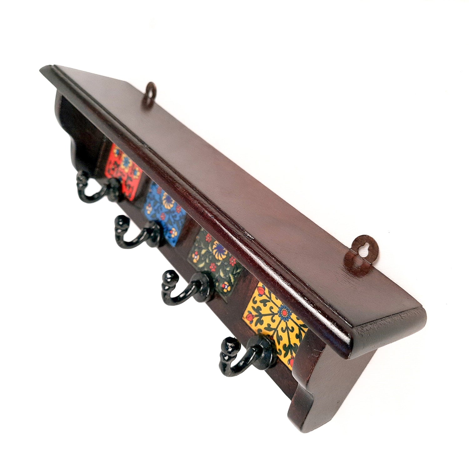 Wooden Shelf With Wall Key Hooks - Wall Mount | Floating Shelves For Decorating Showpieces, Vases, Candle Holders & Books | Key Holder Organiser - Home, Entrance, Office Decor & Gifts - Set of 2 - Apkamart #color_dark brown