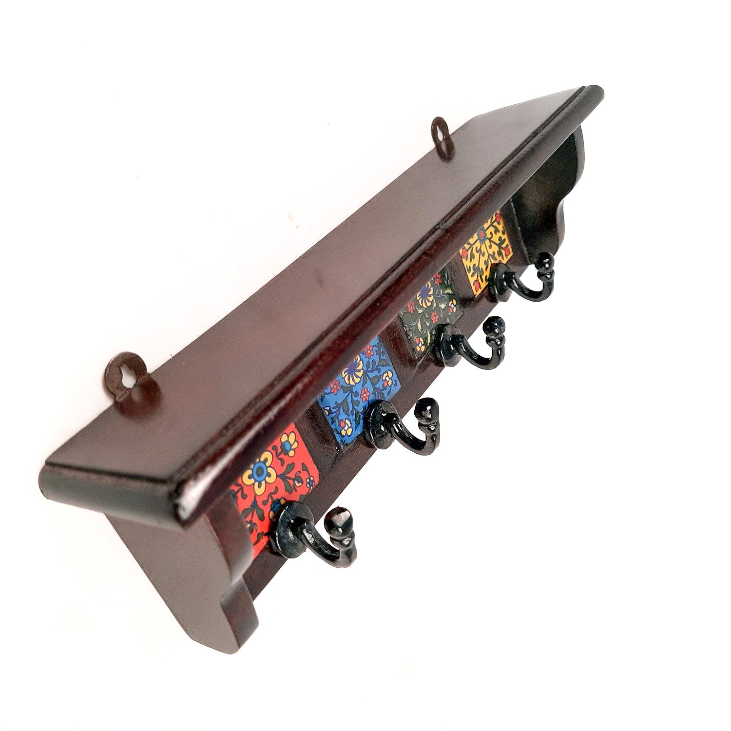 Key Hooks With Wall Shelf | Key Holder Stand With Ceramic Tile Design | Floating Shelves Cum Key Hanger Organiser - For Home, Entrance, Office Decor & Gifts - 12 Inch (4 Hooks) - Apkamart #color_dark brown