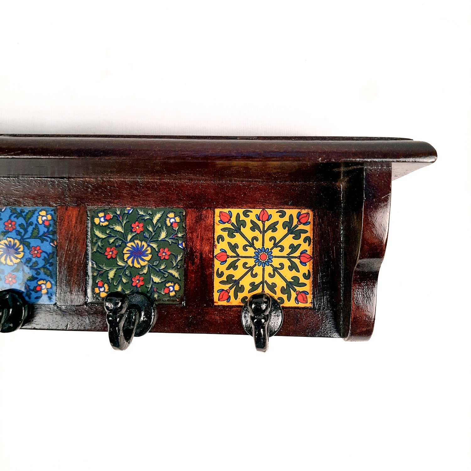 Key Hooks With Wall Shelf | Key Holder Stand With Ceramic Tile Design | Floating Shelves Cum Key Hanger Organiser - For Home, Entrance, Office Decor & Gifts - 12 Inch (4 Hooks) - Apkamart #color_dark brown