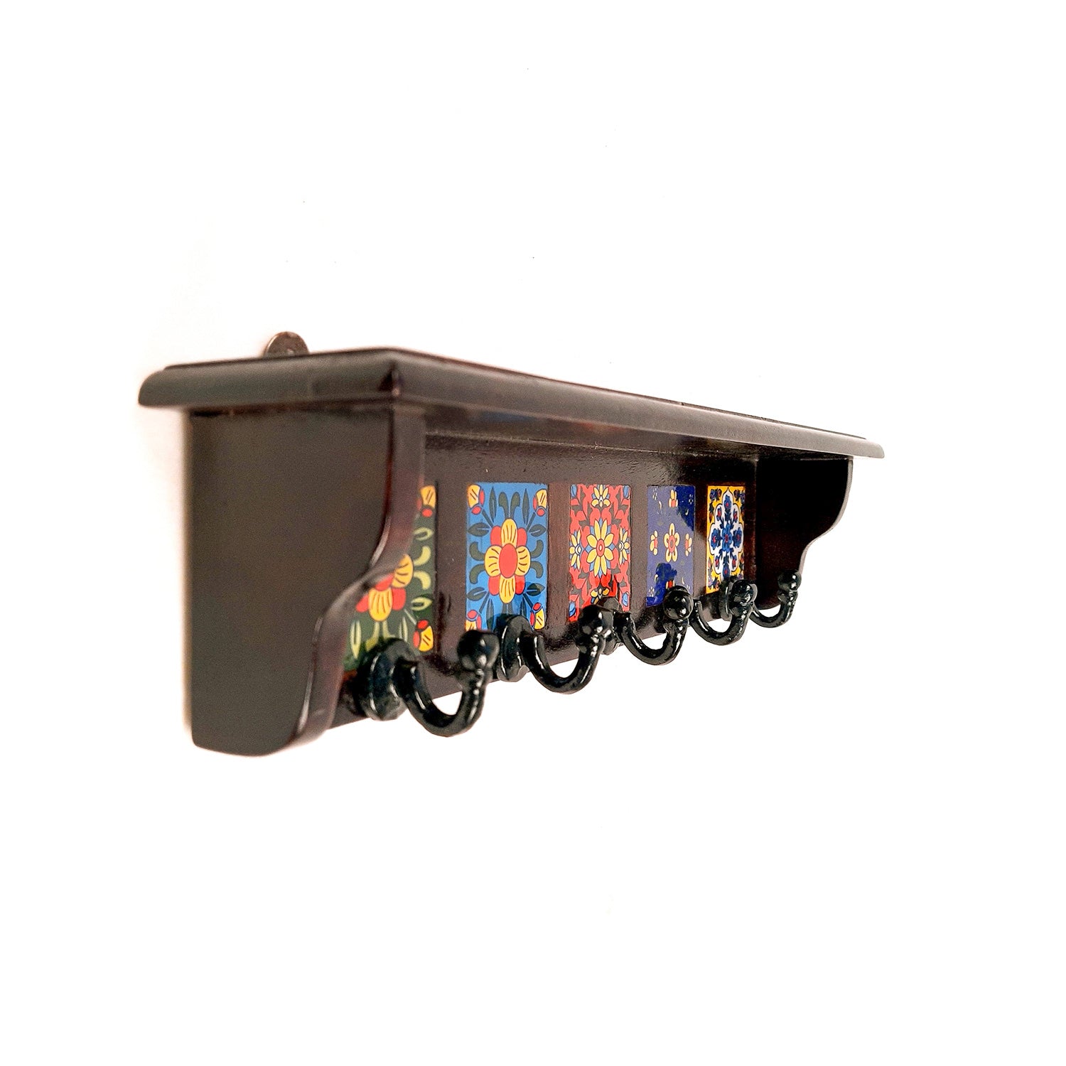 Wooden Shelf with Key Hooks Wall Hanging | Floating Shelf With Key Holder Stand - For Home, Entrance, Office Decor & Gifts - 15 Inch (5 Hooks) - Apkamart #color_ dark brown