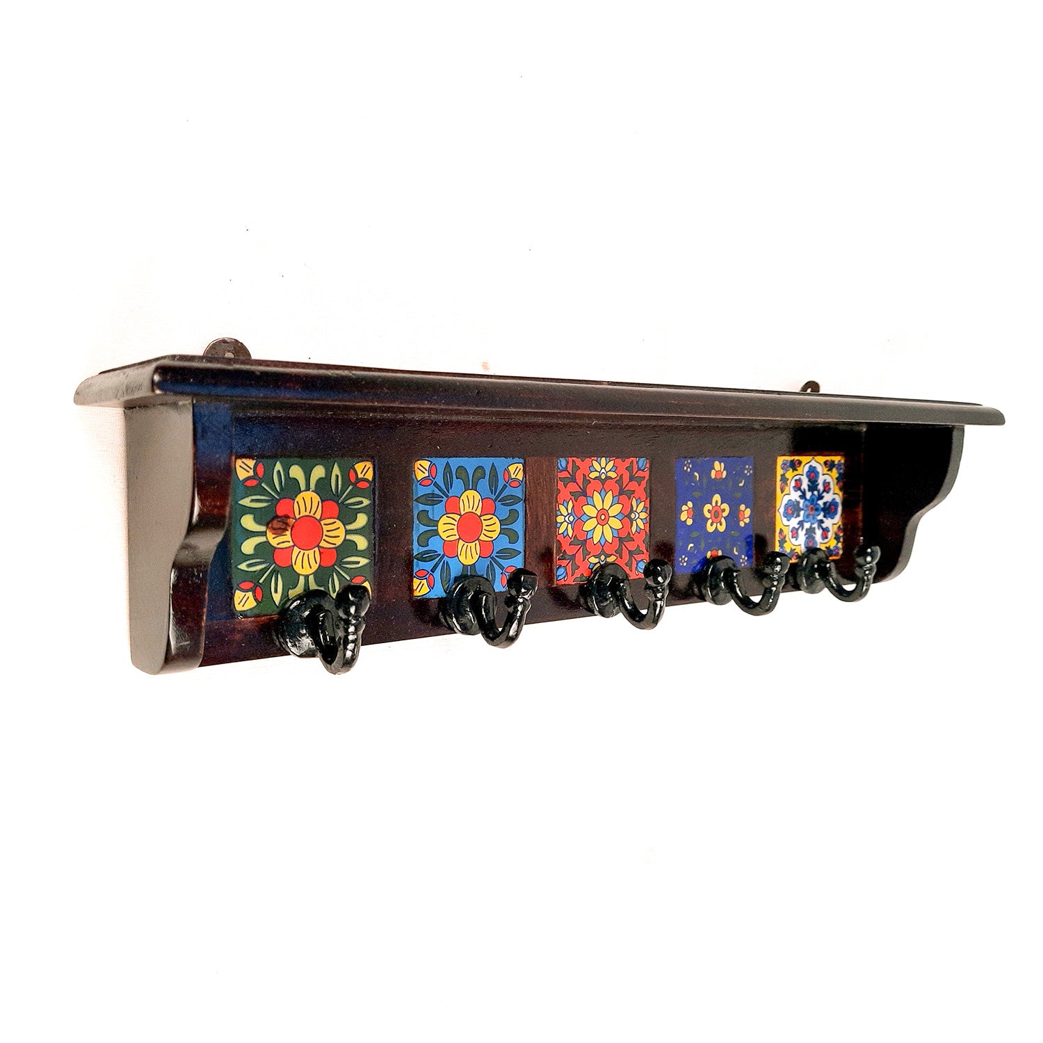 Wooden Shelf with Key Hooks Wall Hanging | Floating Shelf With Key Holder Stand - For Home, Entrance, Office Decor & Gifts - 15 Inch (5 Hooks) - Apkamart #color_ dark brown