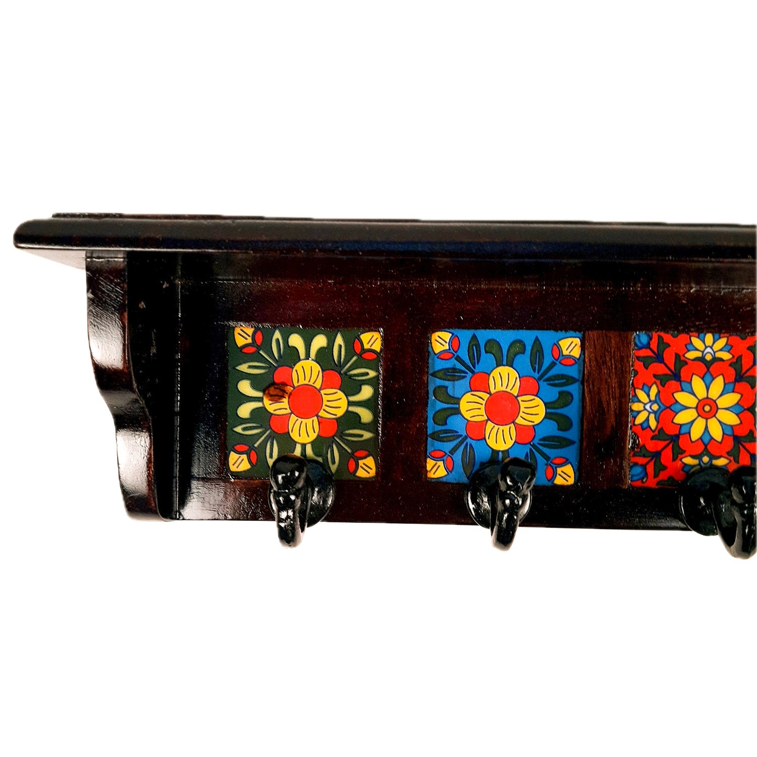 Wooden Shelf with Key Hooks Wall Hanging | Floating Shelf With Key Holder Stand - For Home, Entrance, Office Decor & Gifts - 15 Inch (5 Hooks) - Apkamart #color_ dark brown