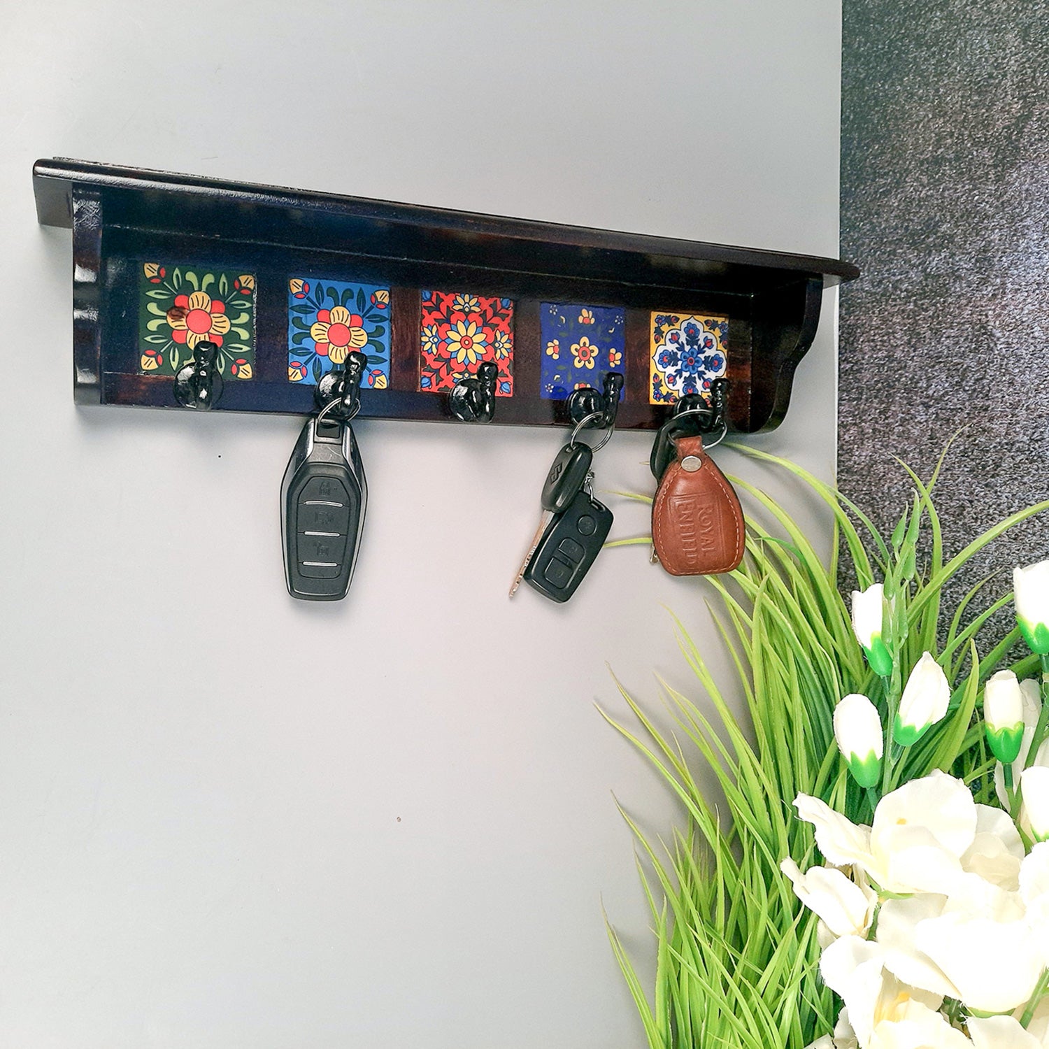 Wooden Shelf with Key Hooks Wall Hanging | Floating Shelf With Key Holder Stand - For Home, Entrance, Office Decor & Gifts - 15 Inch (5 Hooks) - Apkamart #color_ dark brown