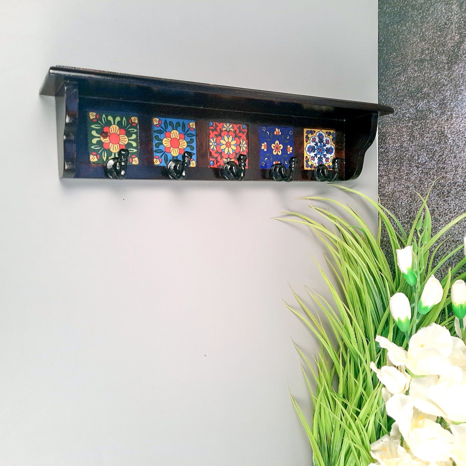 Wooden Shelf with Key Hooks Wall Hanging | Floating Shelf With Key Holder Stand - For Home, Entrance, Office Decor & Gifts - 15 Inch (5 Hooks) - Apkamart #color_ dark brown