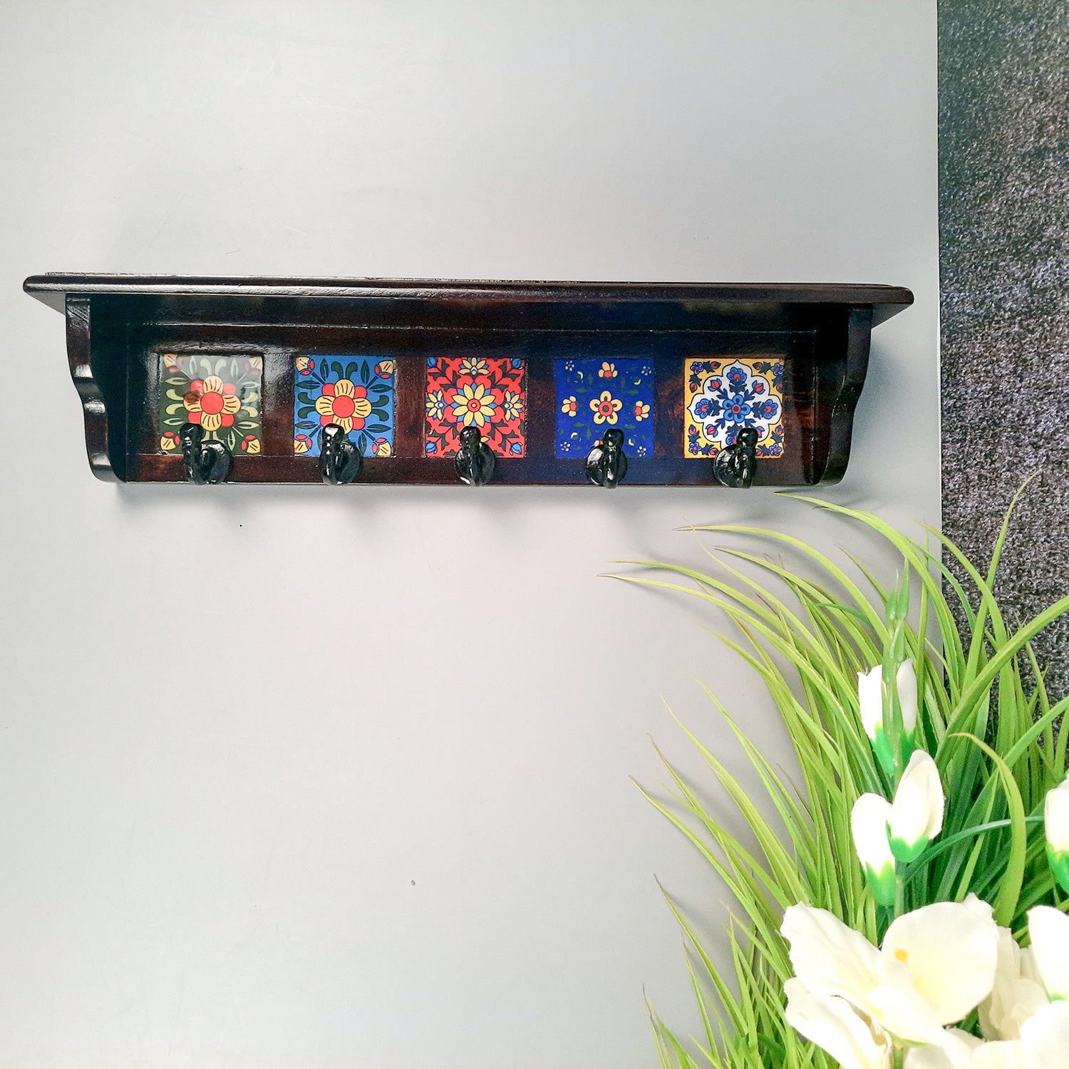 Wooden Shelf with Key Hooks Wall Hanging | Floating Shelf With Key Holder Stand - For Home, Entrance, Office Decor & Gifts - 15 Inch (5 Hooks) - Apkamart #color_ dark brown