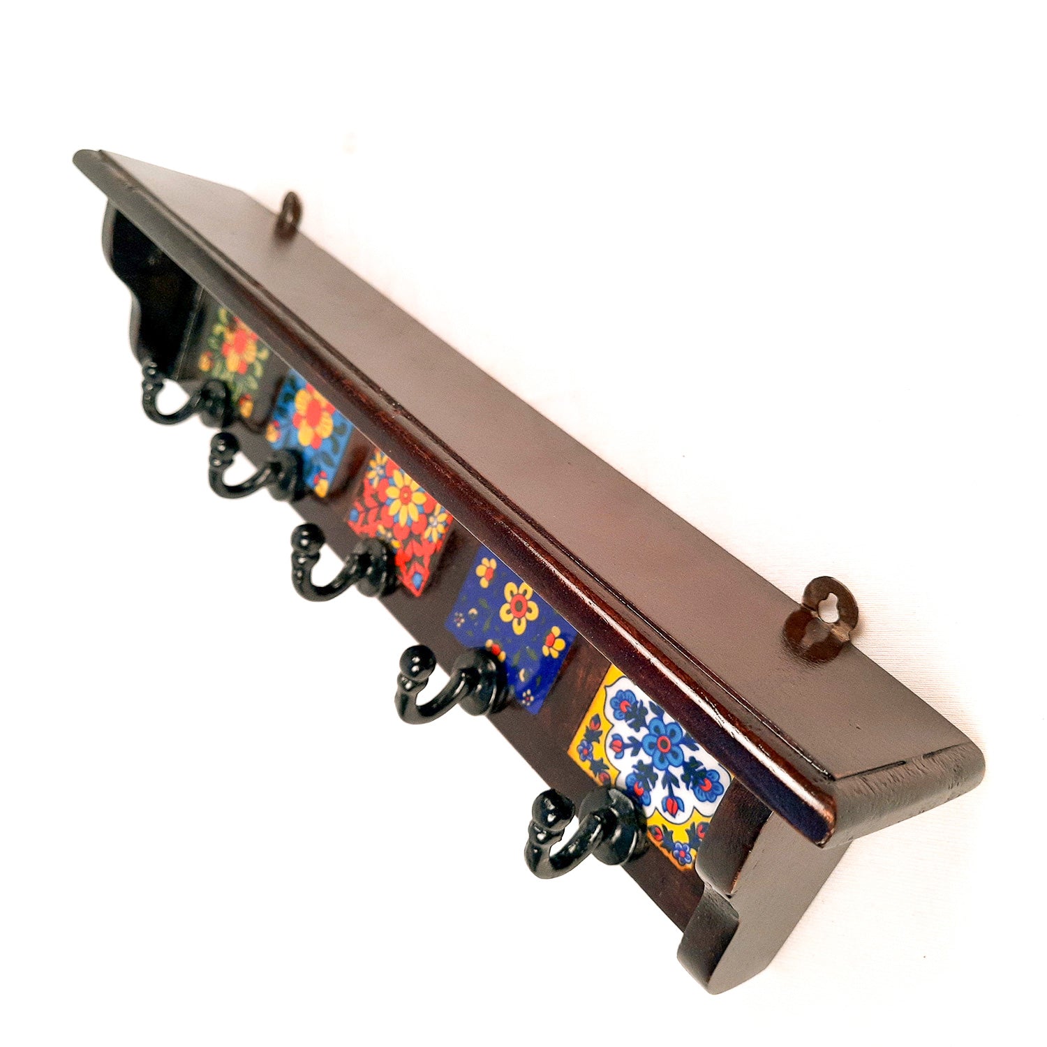 Wooden Shelf With Wall Key Hooks - Wall Mount | Floating Shelves For Decorating Showpieces, Vases, Candle Holders & Books | Key Holder Organiser - Home, Entrance, Office Decor & Gifts - Set of 2 - Apkamart #color_dark brown