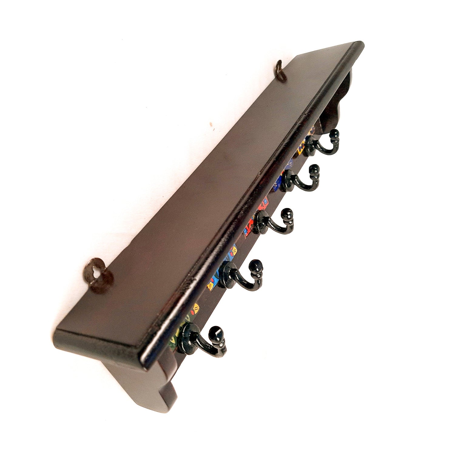 Wooden Shelf with Key Hooks Wall Hanging | Floating Shelf With Key Holder Stand - For Home, Entrance, Office Decor & Gifts - 15 Inch (5 Hooks) - Apkamart #color_ dark brown