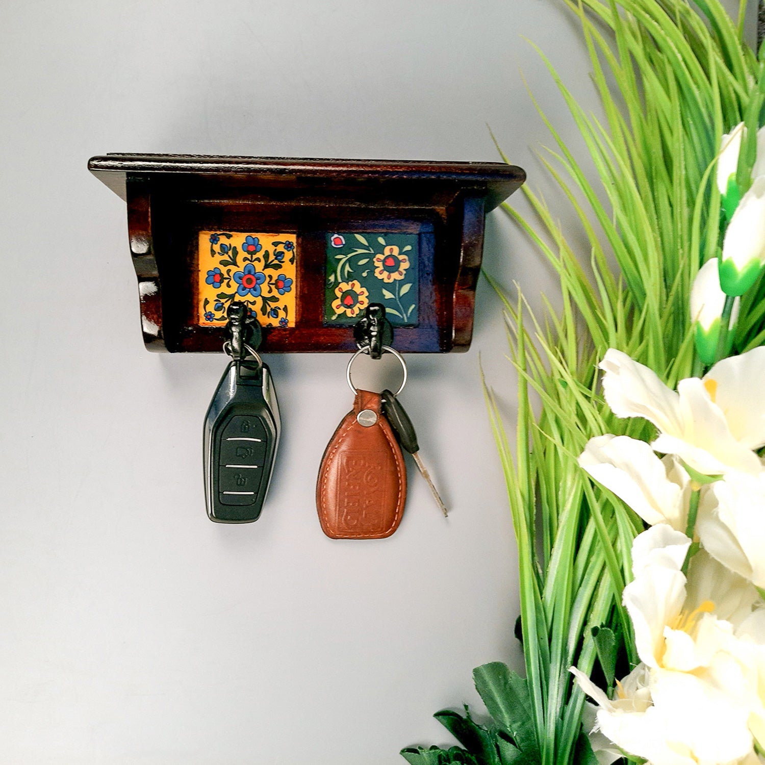 Wall Key Hooks With Wooden Shelf - Wall Mount | Floating Shelves For Decorating Showpieces, Vases, Candle Holders & Books | Key Holder Organiser - Home, Entrance, Office Decor & Gifts - Set of 2 - Apkamart #color_dark brown