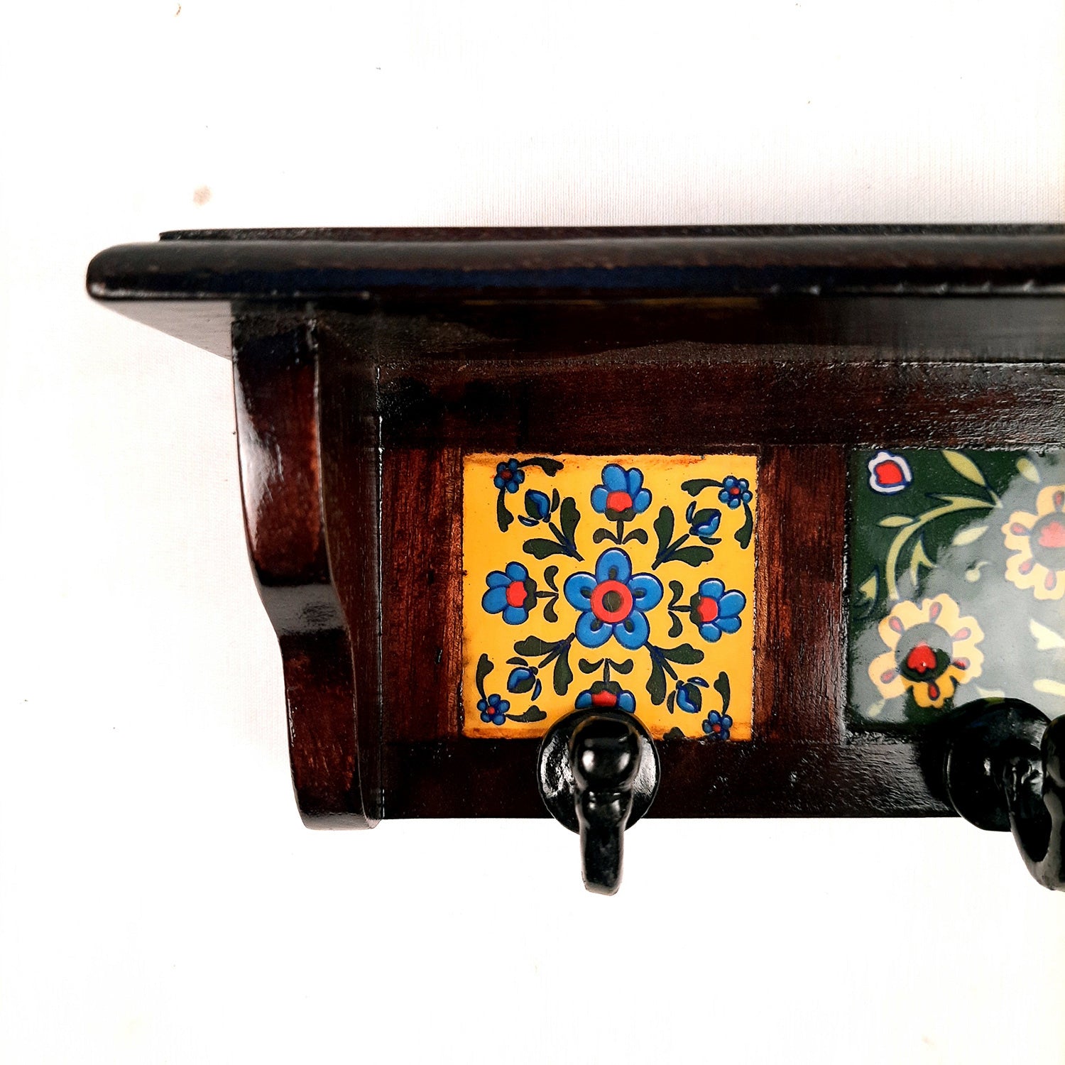 Wooden Shelf with Key Hooks Wall Hanging | Floating Shelf With Key Holder Stand - For Home, Entrance, Office Decor & Gifts - 7 Inch (2 Hooks) - Apkamart #color_dark brown