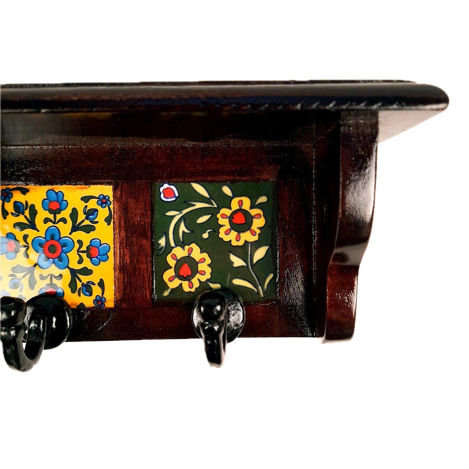 Wooden Shelf with Key Hooks Wall Hanging | Floating Shelf With Key Holder Stand - For Home, Entrance, Office Decor & Gifts - 7 Inch (2 Hooks) - Apkamart #color_dark brown