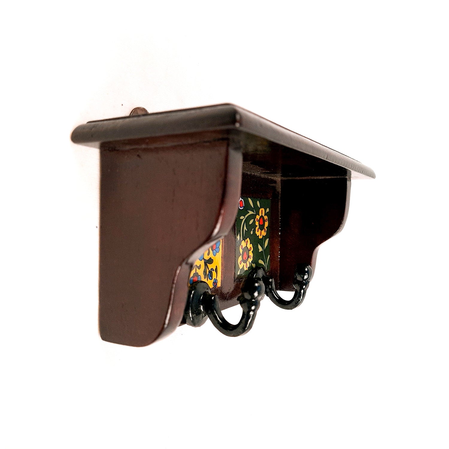 Wooden Shelf with Key Hooks Wall Hanging | Floating Shelf With Key Holder Stand - For Home, Entrance, Office Decor & Gifts - 7 Inch (2 Hooks) - Apkamart #color_dark brown