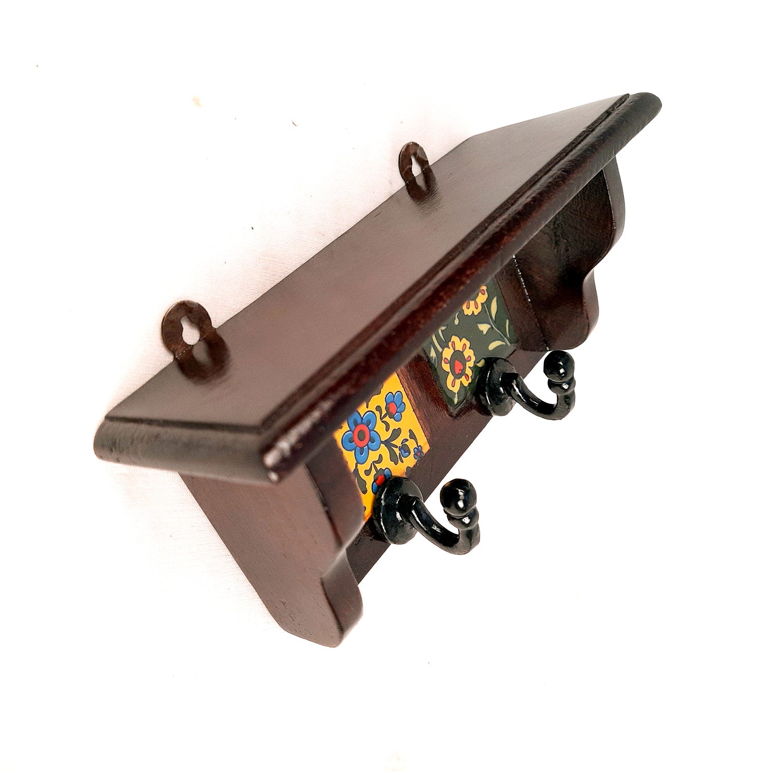 Wooden Shelf with Key Hooks Wall Hanging | Floating Shelf With Key Holder Stand - For Home, Entrance, Office Decor & Gifts - 7 Inch (2 Hooks) - Apkamart #color_dark brown