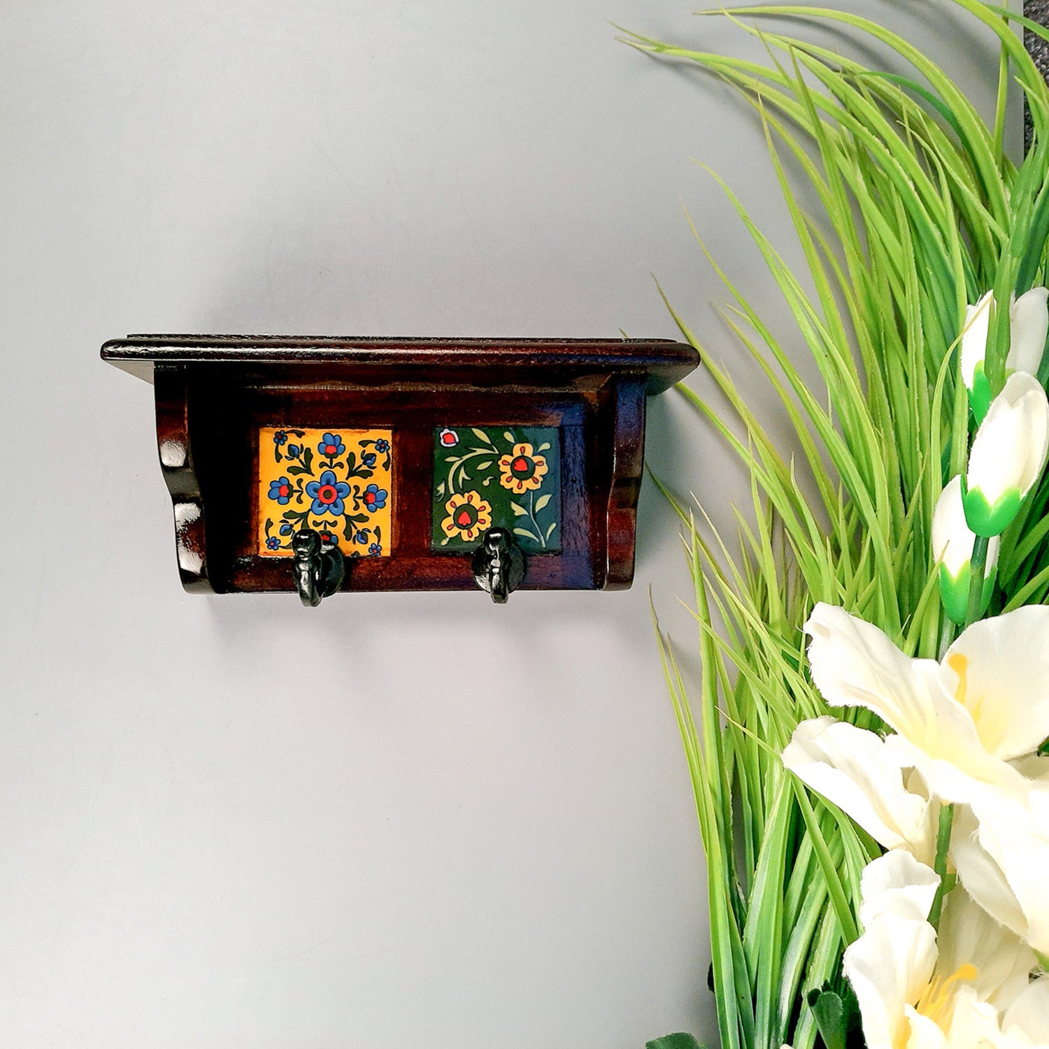 Wooden Shelf with Key Hooks Wall Hanging | Floating Shelf With Key Holder Stand - For Home, Entrance, Office Decor & Gifts - 7 Inch (2 Hooks) - Apkamart #color_dark brown