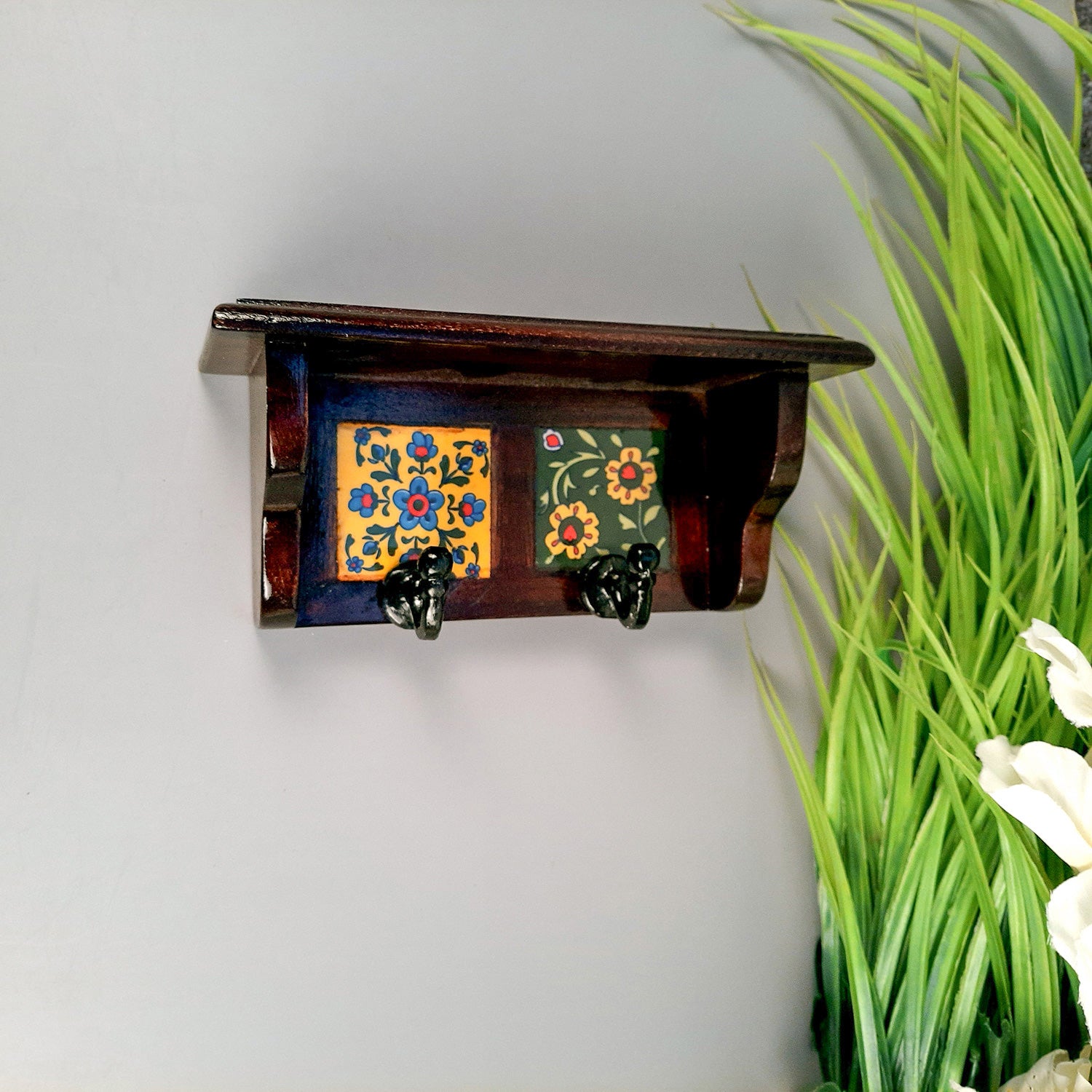 Wooden Shelf with Key Hooks Wall Hanging | Floating Shelf With Key Holder Stand - For Home, Entrance, Office Decor & Gifts - 7 Inch (2 Hooks) - Apkamart #color_dark brown