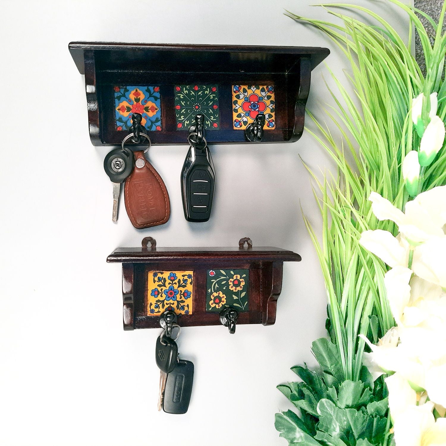 Wall Key Hooks With Wooden Shelf - Wall Mount | Floating Shelves For Decorating Showpieces, Vases, Candle Holders & Books | Key Holder Organiser - Home, Entrance, Office Decor & Gifts - Set of 2 - Apkamart #color_dark brown