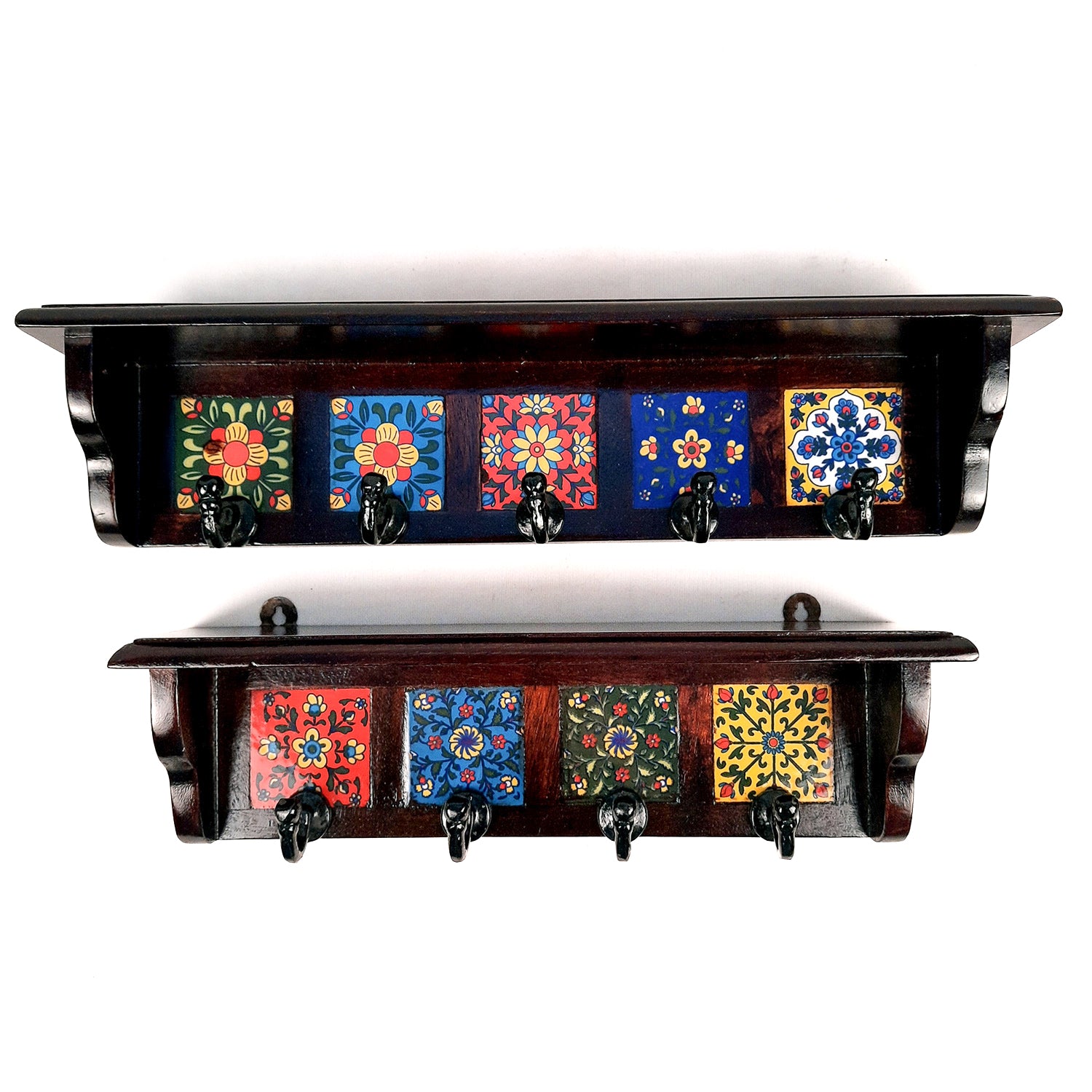 Wooden Shelf With Wall Key Hooks - Wall Mount | Floating Shelves For Decorating Showpieces, Vases, Candle Holders & Books | Key Holder Organiser - Home, Entrance, Office Decor & Gifts - Set of 2 - Apkamart #color_dark brown