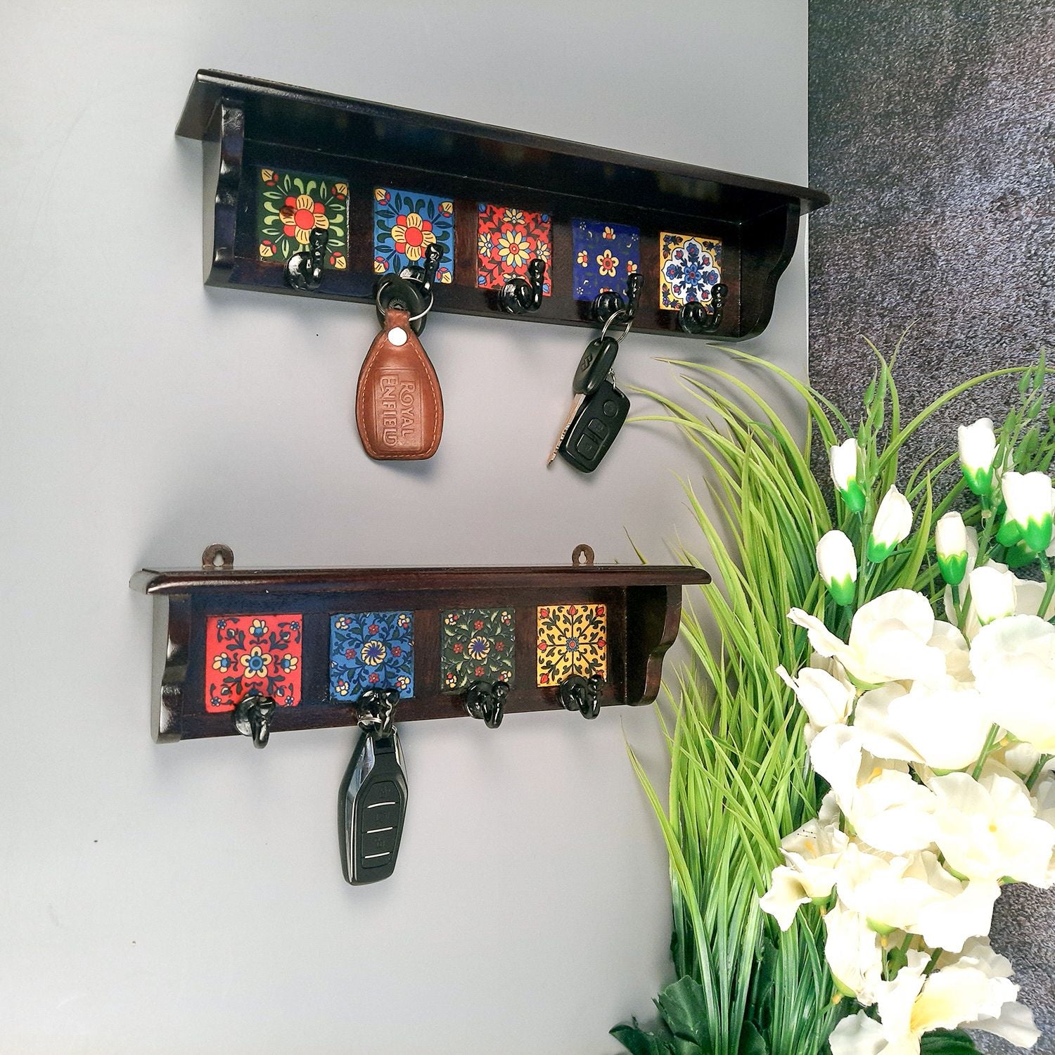 Wooden Shelf With Wall Key Hooks - Wall Mount | Floating Shelves For Decorating Showpieces, Vases, Candle Holders & Books | Key Holder Organiser - Home, Entrance, Office Decor & Gifts - Set of 2 - Apkamart #color_dark brown