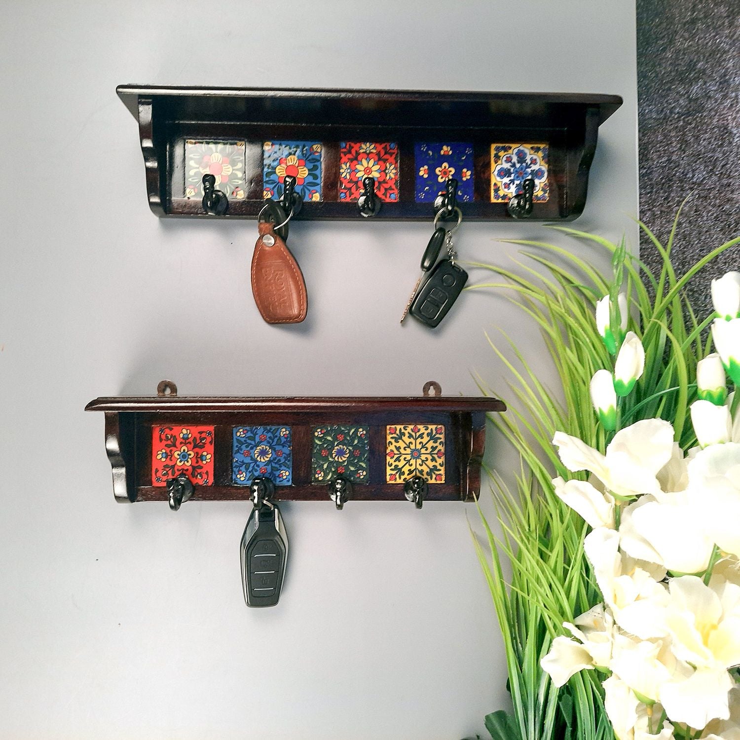 Wooden Shelf With Wall Key Hooks - Wall Mount | Floating Shelves For Decorating Showpieces, Vases, Candle Holders & Books | Key Holder Organiser - Home, Entrance, Office Decor & Gifts - Set of 2 - Apkamart #color_dark brown