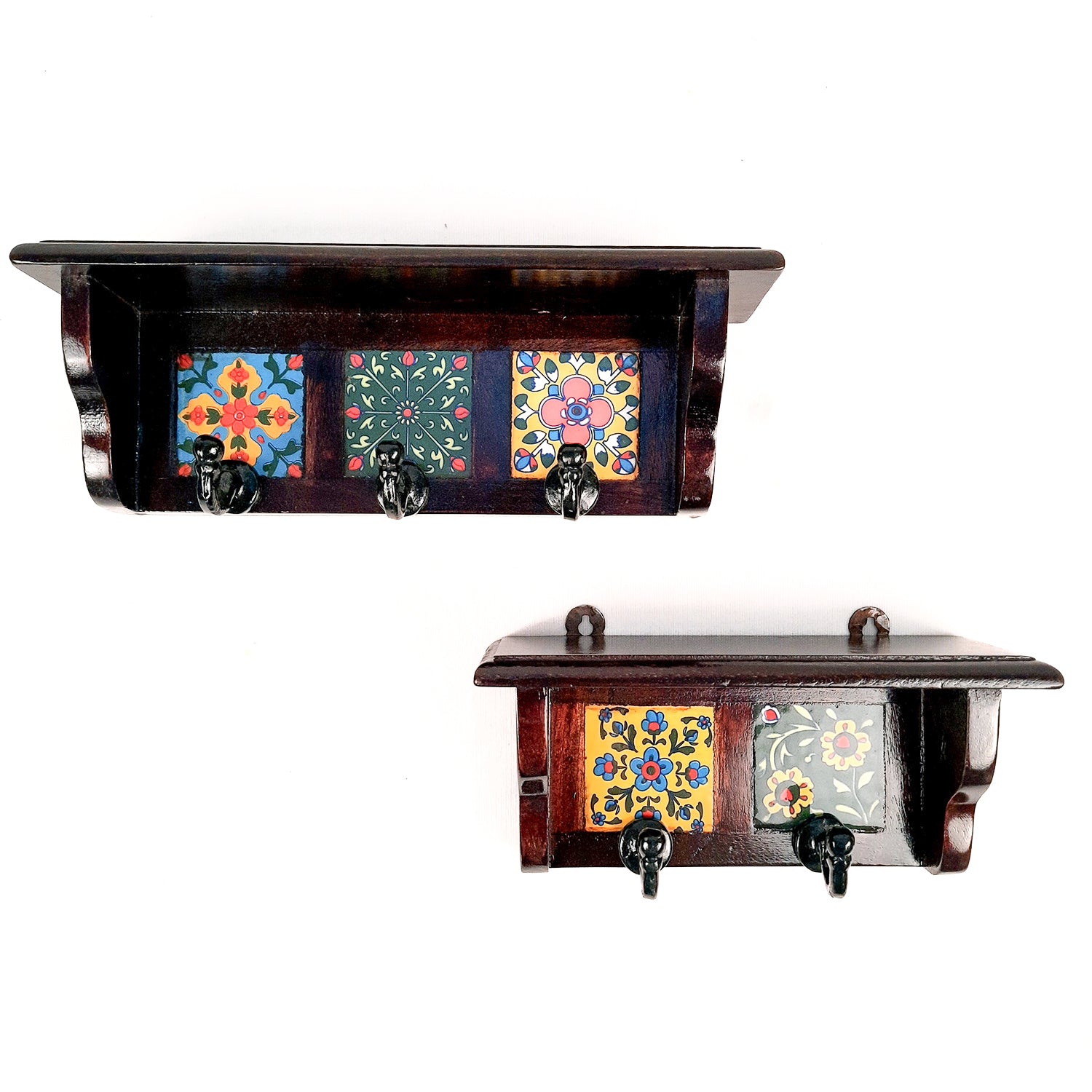 Wall Key Hooks With Wooden Shelf - Wall Mount | Floating Shelves For Decorating Showpieces, Vases, Candle Holders & Books | Key Holder Organiser - Home, Entrance, Office Decor & Gifts - Set of 2 - Apkamart #color_dark brown