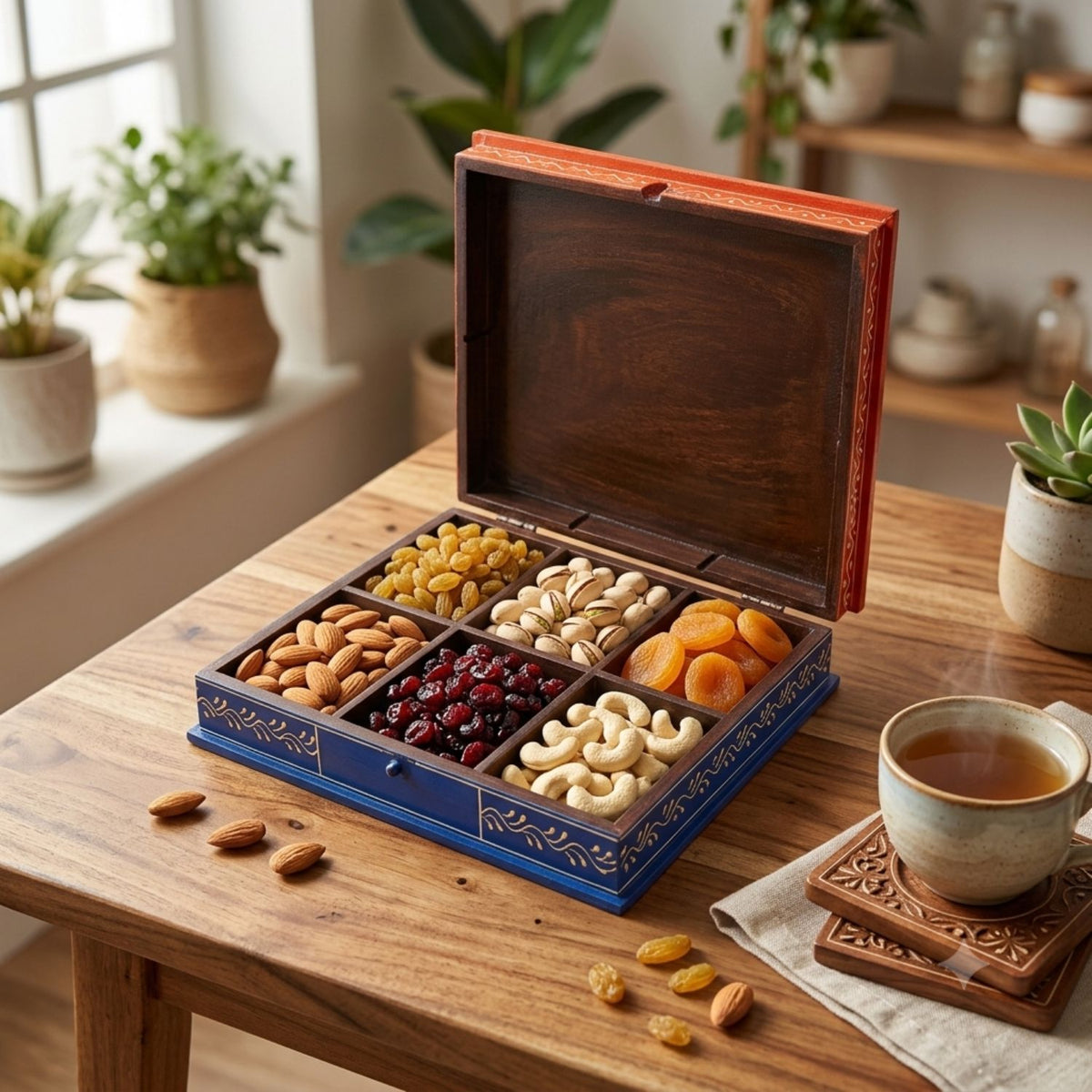 Wooden Dry Fruit Box - 6 Compartment- 10 Inch