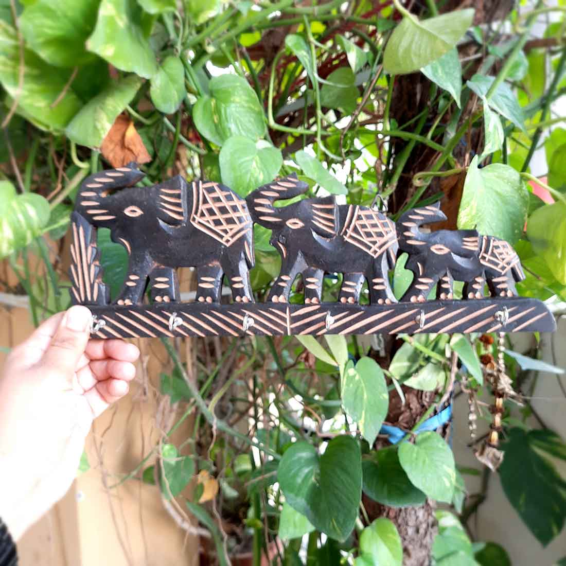 Elephant Key Holder for Wall | Wooden Key Stand with Hooks | Decorative Elephant Design Key Organizer for Home & Office - 12 Inch (6 Hooks) - Apkamart #Style_Design 2