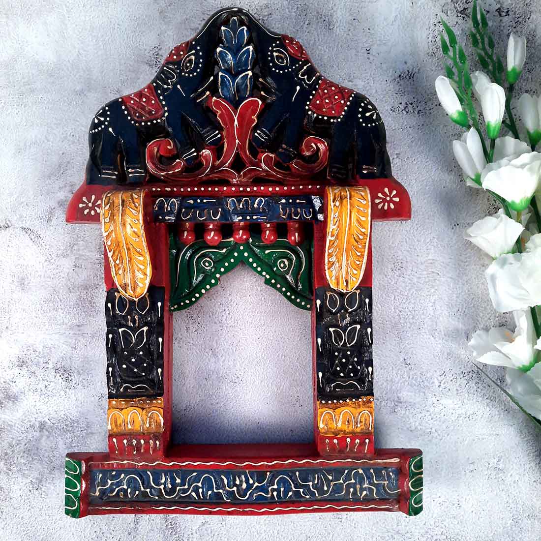 Wooden Jharokha Wall Hanging - Elephant Design - For Living Room, Wall & Home Decor & Gifts -18 Inch - Apkamart #color_Black
