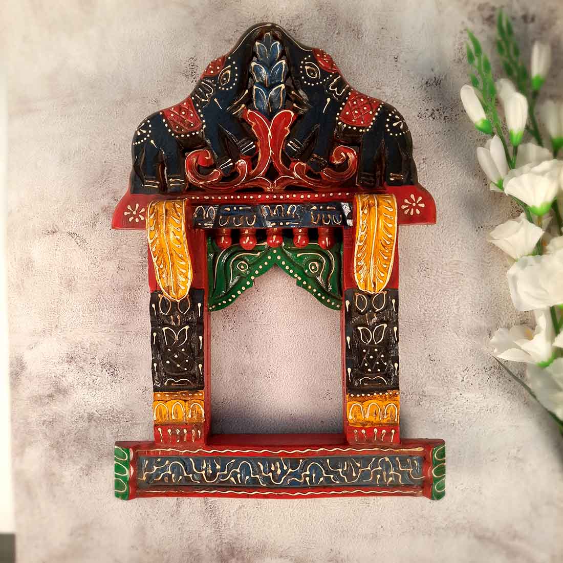 Wooden Jharokha Wall Hanging - Elephant Design - For Living Room, Wall & Home Decor & Gifts -18 Inch - Apkamart #color_Black