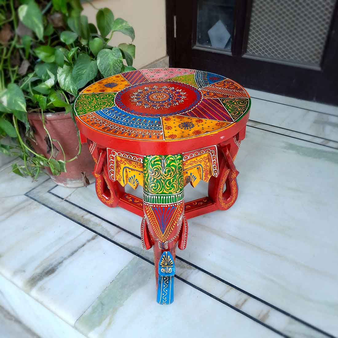 Wooden Side Table With Elephant Face Shape Legs - 15 Inches - ApkaMart