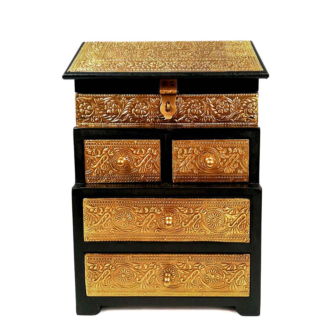 Wooden Jewelry Box | Brass Jewellery Organizer | Jewellery Drawers - 13 Inch - ApkaMart
