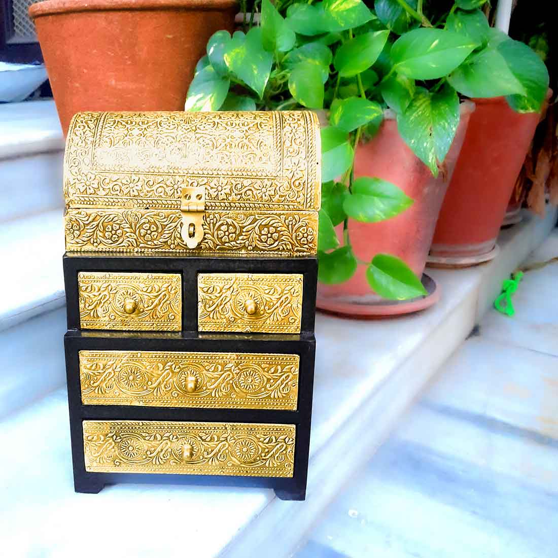 Brass Jewelry Box | Wooden Jewelry Organizer - 13 Inch - ApkaMart