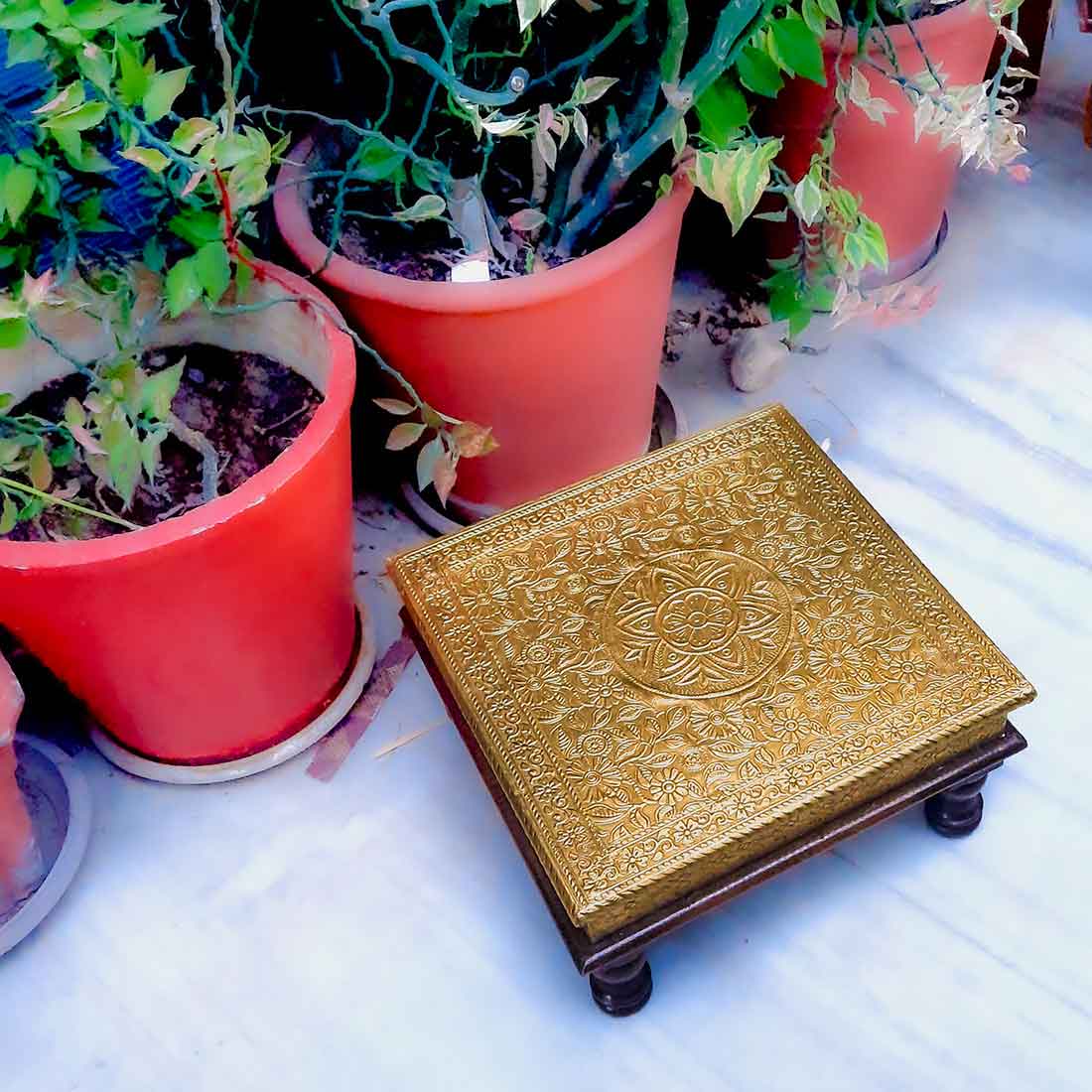 Puja Chowki Bajot | Brass Chauki Wooden - For Pooja, Temple, Home Decor & Sitting - 12 Inch - Apkamart #Style_Design 1