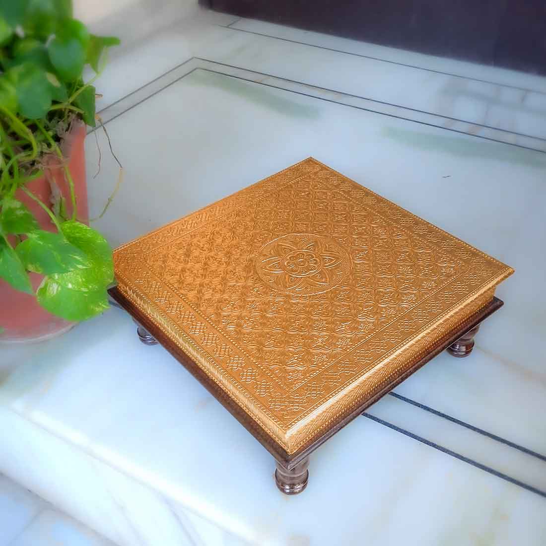 Puja Chowki Bajot | Wooden Brass Chauki - For Pooja, Sitting, Home & Corner Decor -15 Inch - apkamart #Style_Design 1