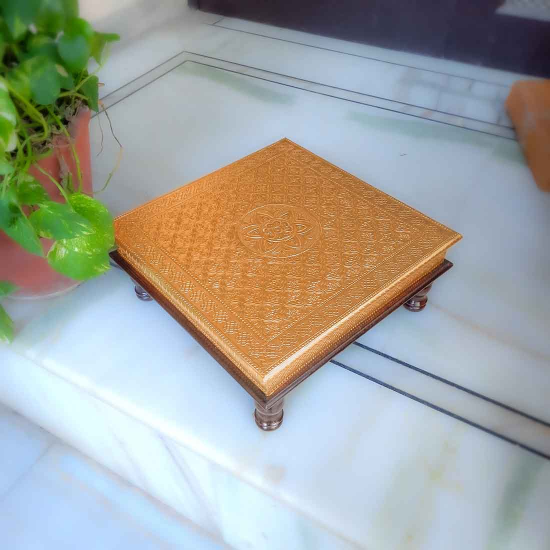 Puja Chowki Bajot | Wooden Brass Chauki - For Pooja, Sitting, Home & Corner Decor -15 Inch - apkamart #Style_Design 1