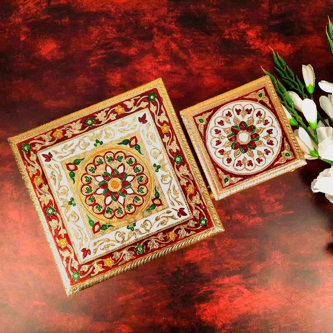 Minakari Chowki or Bajot - Set of 2 - 6 Inch & 10 Inch - ApkaMart #Style_Design 1