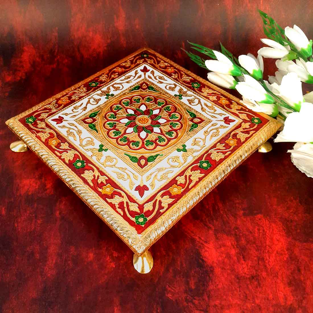 Minakari Pooja Chowki Bajot - For Puja Decoration & Gifts -10 Inch - ApkaMart #Style_Design 1