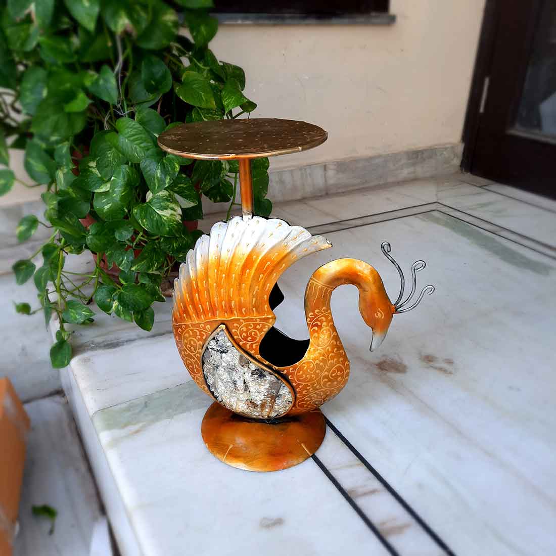 Antique Side Table Swan Design - 15 Inch for Home and Corner Decor - ApkaMartSide Table Peacock Design | End Table Cum Showpiece - for Living Room, Home and Corner Decor & Gift - 15 Inch - apkamart #Color_Brown