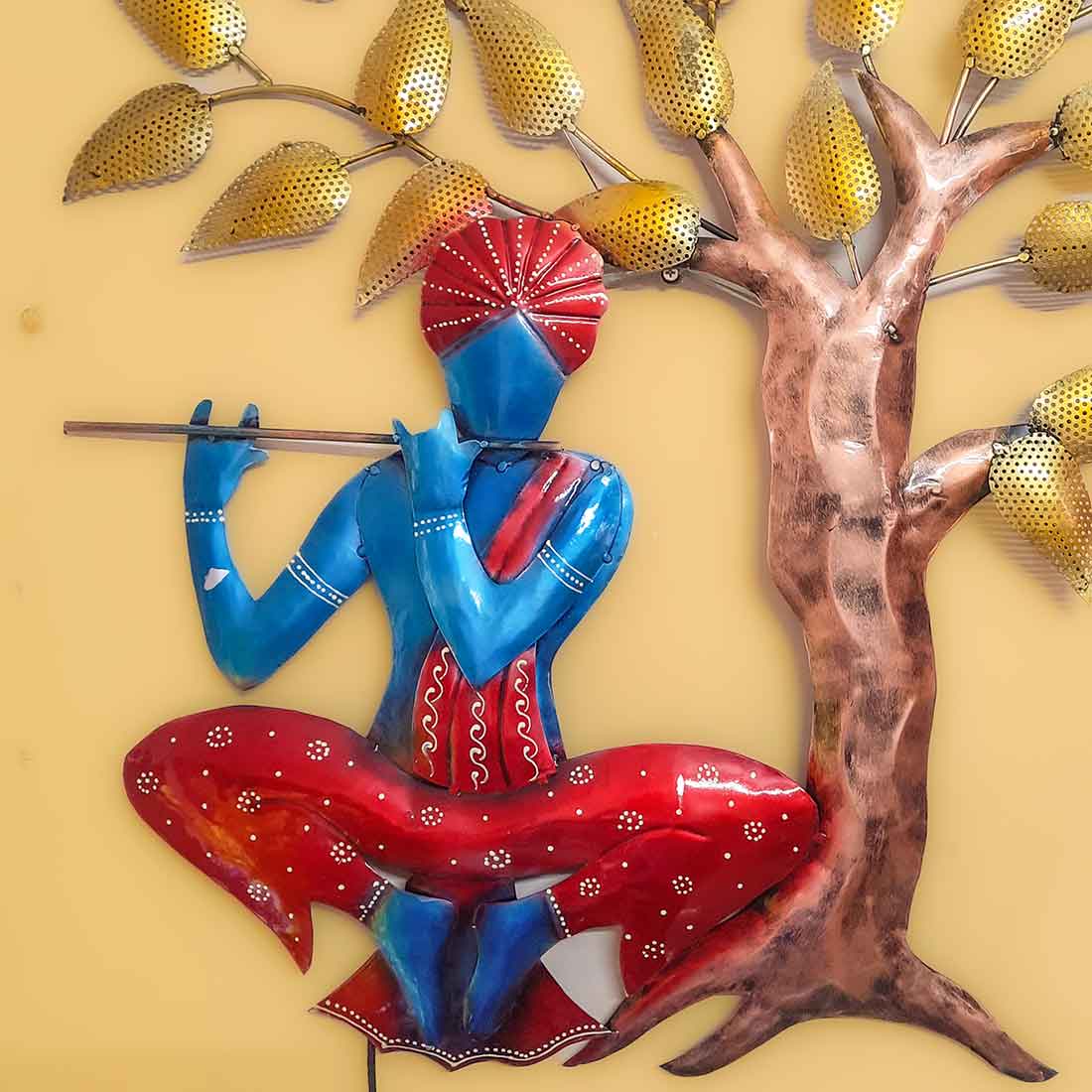 Wall Decor for Living Room | Metal Wall Art Krishna Sitting Under Tree - 31 Inch - ApkaMart