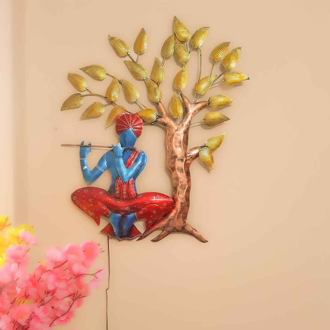 Wall Decor for Living Room | Metal Wall Art Krishna Sitting Under Tree - 31 Inch - ApkaMart
