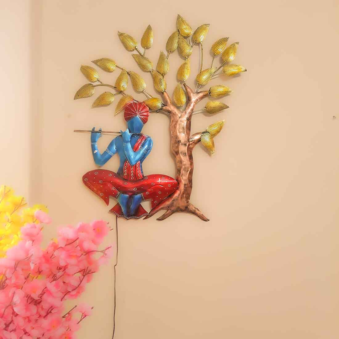 Wall Decor for Living Room | Metal Wall Art Krishna Sitting Under Tree - 31 Inch - ApkaMart