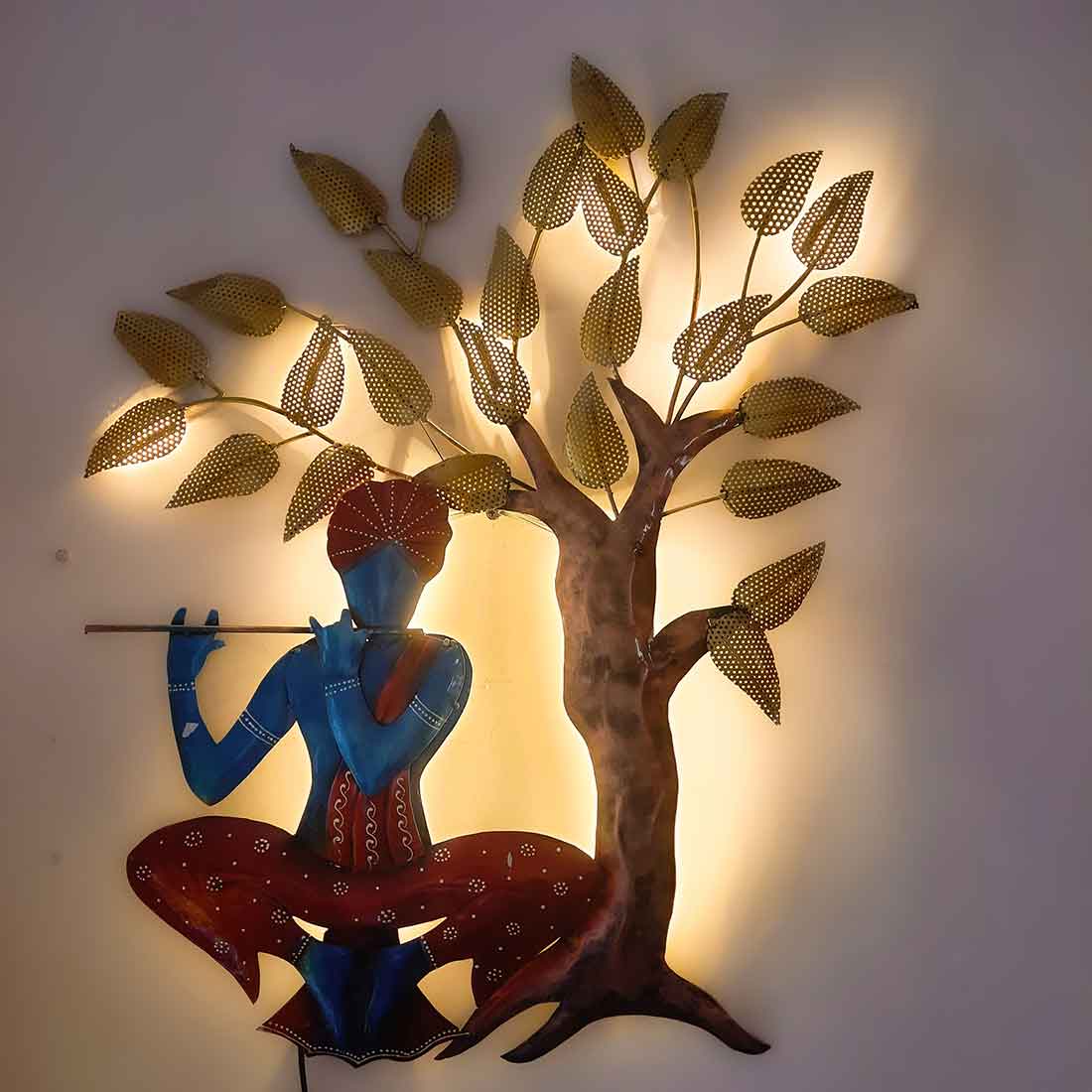 Wall Decor for Living Room | Metal Wall Art Krishna Sitting Under Tree - 31 Inch - ApkaMart