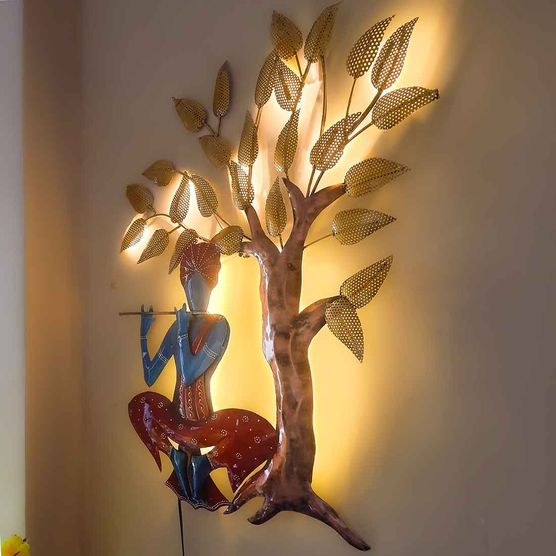 Wall Decor for Living Room | Metal Wall Art Krishna Sitting Under Tree - 31 Inch - ApkaMart